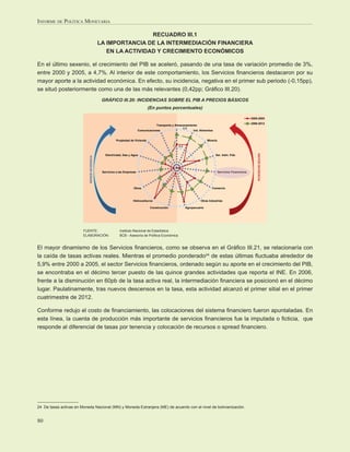 INFORME DE POLÍTICA MONETARIA

                                                                RECUADRO III.1
                                               LA IMPORTANCIA DE LA INTERMEDIACIÓN FINANCIERA
                                                  EN LA ACTIVIDAD Y CRECIMIENTO ECONÓMICOS

En el último sexenio, el crecimiento del PIB se aceleró, pasando de una tasa de variación promedio de 3%,
entre 2000 y 2005, a 4,7%. Al interior de este comportamiento, los Servicios ﬁnancieros destacaron por su
mayor aporte a la actividad económica. En efecto, su incidencia, negativa en el primer sub periodo (-0,15pp),
se situó posteriormente como una de las más relevantes (0,42pp; Gráﬁco III.20).
                                                GRÁFICO III.20: INCIDENCIAS SOBRE EL PIB A PRECIOS BÁSICOS
                                                                                 (En puntos porcentuales)

                                                                                                                                                             2000-2005
                                                                                                                                                             2006-2012
                                                                                       Transporte y Almacenamiento
                                                                                                         0.6
                                                                           Comunicaciones                      Ind. Alimentos


                                                         Propiedad de Vivienda                                             Minería

                                                                                                      0.2




                                                                                                                                                                 MAYOR INCIDENCIA
                                                  Electricdad, Gas y Agua                                                        Ser. Adm. Púb.
                            MENOR INCIDENCIA




                                                Servicios a las Empresas                                                             Servicios Financieros
                                                                                                                                     Servicios
                                                                                                                                       r




                                                                      Otros                                                   Comercio



                                                                      Hidrocarburos                                   Otras Industrias

                                                                                   Construcción             Agropecuario




                        FUENTE:                             Instituto Nacional de Estadística
                        ELABORACIÓN:                        BCB - Asesoría de Política Económica


El mayor dinamismo de los Servicios ﬁnancieros, como se observa en el Gráﬁco III.21, se relacionaría con
la caída de tasas activas reales. Mientras el promedio ponderado24 de estas últimas ﬂuctuaba alrededor de
5,9% entre 2000 a 2005, el sector Servicios ﬁnancieros, ordenado según su aporte en el crecimiento del PIB,
se encontraba en el décimo tercer puesto de las quince grandes actividades que reporta el INE. En 2006,
frente a la disminución en 60pb de la tasa activa real, la intermediación ﬁnanciera se posicionó en el décimo
lugar. Paulatinamente, tras nuevos descensos en la tasa, esta actividad alcanzó el primer sitial en el primer
cuatrimestre de 2012.

Conforme redujo el costo de ﬁnanciamiento, las colocaciones del sistema ﬁnanciero fueron apuntaladas. En
esta línea, la cuenta de producción más importante de servicios ﬁnancieros fue la imputada o ﬁcticia, que
responde al diferencial de tasas por tenencia y colocación de recursos o spread ﬁnanciero.




24 De tasas activas en Moneda Nacional (MN) y Moneda Extranjera (ME) de acuerdo con el nivel de bolivianización.


80
 