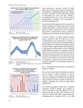 INFORME DE POLÍTICA MONETARIA

        GRÁFICO IV.14: TIPO DE CAMBIO Y BOLIVIANIZACIÓN                                                                                                                                                                                                                    crisis económica y ﬁnanciera mundial en 2008-
                (En porcentajes y Bs/$us [eje der.])
80                                                                                                                                                                                                                                                                4,0      2009, este proceso sufrió una leve desaceleración.
                          Bolivianización de depósitos
                          Tipo de cambio de venta (eje der.)
                                                                                                                                                                                                                                                                  4,5
                                                                                                                                                                                                                                                                           Sin embargo, la estabilidad cambiaria entre octubre
70                        Bolivianización de cartera
                                                                                                                                                                                                                                                                           de 2008 y noviembre de 2010 proporcionó señales
60                                                                                                                                                                                                                                                                5,0
                                                                                                                                                                                                                                                                           de tranquilidad que, junto con otras medidas y
                                                                                                                                                                                                                                                                  5,5
50                                                                                                                                                                                                                                                                         el respaldo provisto por el alto nivel de reservas
40
                                                                                                                                                                                                                                                                  6,0      internacionales, permitieron dar continuidad al
30
                                                                                                                                                                                                                                                                  6,5      proceso de bolivianización.
                                                                                                                                                                                                                                                                  7,0
20                                                                                                                                                                                                                                                                         De esta forma, a ﬁnes de junio de 2012, a pesar de no
                                                                                                                                                                                                                                                                  7,5
10                                                                                                                                                                                                                                                                         haberse registrado movimientos del tipo de cambio
 0
                                                                                                                                                                                                                                                                  8,0      desde noviembre 2011, la bolivianización de la cartera
      dic-04

                         jun-05

                                           dic-05

                                                       jun-06

                                                                   dic-06

                                                                                     jun-07

                                                                                                       dic-07

                                                                                                                     jun-08

                                                                                                                                      dic-08

                                                                                                                                                      jun-09

                                                                                                                                                                           dic-09

                                                                                                                                                                                              jun-10

                                                                                                                                                                                                          dic-10

                                                                                                                                                                                                                     jun-11

                                                                                                                                                                                                                                     dic-11

                                                                                                                                                                                                                                                         jun-12
                                                                                                                                                                                                                                                                           alcanzó a 74,2%, mientras que la de los depósitos
FUENTE:                                                 Banco Central de Bolivia
                                                                                                                                                                                                                                                                           llegó a 67,9%, evidenciando el continuo aumento en
ELABORACIÓN:                                            BCB - Asesoría de Política Económica                                                                                                                                                                               la preferencia por la moneda nacional (Gráﬁco IV.14).

                 GRÁFICO IV.15: ÍNDICE DE TIPO DE CAMBIO REAL                                                                                                                                                                                                              Como se mencionó, la política cambiaria también
                   OBSERVADO Y ESTIMACIÓN DE EQUILIBRIO                                                                                                                                                                                                                    procura mantener el tipo de cambio real en torno
120
                              (Agosto de 2003 = 100)
                                                                                                                                                                                                                                                                           al determinado por sus fundamentos. En efecto, la
115
                                                                                                                                                                                                                                                                           comparación del Índice de Tipo de Cambio Efectivo y
110
                                                                                                                                                                                                                                                                           Real (ITCER) con su tendencia de largo plazo (que es
105                                                                                                                                                                                                                                                                        una aproximación al tipo de cambio real de equilibrio),
100
                                                                                                                                                                                                                                                                           muestra que en los últimos años no se han registrado
                                                                                                                                                                                                                                                                           desalineamientos cambiarios de carácter persistente
 95
                                                                                                                                                                                                                                                                           (Gráﬁco IV.15). Finalmente, comparando el ritmo de
 90                                                                                                                                                                                                                                                                        apreciación del tipo de cambio con las variaciones de
 85                                                                                                                                                                                                                                                                        los precios de exportaciones, se evidencia que estos
                                                                                                                                                                                                                                                                           últimos se han situado muy por encima, hecho que
 80
                                                                                                                                                                                                                                                                           se considera un indicativo de que la orientación de
       1991
                        1992
                                    1993
                                                1994
                                                         1995
                                                                 1996
                                                                            1997
                                                                                          1998
                                                                                                        1999
                                                                                                                    2000
                                                                                                                               2001
                                                                                                                                           2002
                                                                                                                                                           2003
                                                                                                                                                                      2004
                                                                                                                                                                                       2005
                                                                                                                                                                                                   2006
                                                                                                                                                                                                            2007
                                                                                                                                                                                                                    2008
                                                                                                                                                                                                                              2009
                                                                                                                                                                                                                                              2010
                                                                                                                                                                                                                                                           2011
                                                                                                                                                                                                                                                                    2012




FUENTE:                                                 Banco Central de Bolivia                                                                                                                                                                                           la política cambiaria no ha descuidado aspectos de
ELABORACIÓN:                                            BCB - Asesoría de Política Económica
NOTA:                                                   La banda muestra el rango en el cual se sitúa el tipo de cambio real                                                                                                                                               competitividad.
                                                        de equilibrio

                                                                                                                                                                                                                                                                           IV.2.2 Comportamiento de la oferta y demanda de
                               GRÁFICO IV.16: COMPRA, VENTA DE DIVISAS,                                                                                                                                                                                                    dólares en el Bolsín
                                    EXPECTATIVAS Y TIPO DE CAMBIO
                                 (En millones de dólares estadounidenses
                                                                                                                                                                                                                                                                           En el primer semestre del 2012 el BCB fue vendedor
                                            y Bs/$us [eje der.])
140
                                  Venta de divisas del bolsín                                                                             Compra de divisas sist. financiero
                                                                                                                                                                                                                                                                  7,10     neto de divisas al sistema ﬁnanciero, lo que no
120
                                 Mediana de las expectativas                                                                              Tipo de cambio
                                                                                                                                          (eje derecho)                                                                                                           7,05
                                                                                                                                                                                                                                                                           implicó un cambio en las expectativas y los montos
                                (eje derecho)
                                                                                                                                                                                                                                                                           fueron poco signiﬁcativos. En efecto, las expectativas
100                                                                                                                                                                                                                                                               7,00
                                                                                                                                                                                                                                                                           sobre la evolución del tipo de cambio se mantuvieron
80                                                                                                                                                                                                                                                                6,95     estables y alineadas con el tipo de cambio oﬁcial
                                                                                                                                                                                                                                                                           (Gráﬁco IV.16).
60                                                                                                                                                                                                                                                                6,90


40                                                                                                                                                                                                                                                                6,85     Las ventas acumuladas durante todo el semestre
20                                                                                                                                                                                                                                                                6,80
                                                                                                                                                                                                                                                                           alcanzaron $us182,2 millones, que equivalen al
                                                                                                                                                                                                                                                                           1,5% de las RIN al cierre del semestre (0,7% del
 0                                                                                                                                                                                                                                                                6,75
                                                                                                                                                                                                                                                                           PIB estimado para el año). Esto contrasta con las
               ene-11

                               feb-11

                                            mar-11



                                                                may-11



                                                                                              jul-11

                                                                                                           ago-11




                                                                                                                                                                  dic-11
                                                       abr-11



                                                                            jun-11




                                                                                                                      sep-11

                                                                                                                                  oct-11

                                                                                                                                                  nov-11



                                                                                                                                                                                    ene-12

                                                                                                                                                                                                 feb-12

                                                                                                                                                                                                           mar-12



                                                                                                                                                                                                                               may-12
                                                                                                                                                                                                                    abr-12



                                                                                                                                                                                                                                                jun-12




                                                                                                                                                                                                                                                                           ventas del periodo 2001-2005, cuando alcanzaron
FUENTE:                                                 Banco Central de Bolivia
ELABORACIÓN:                                            BCB - Asesoría de Política Económica
                                                                                                                                                                                                                                                                           semestralmente en promedio 23,9% de las RIN


96
 