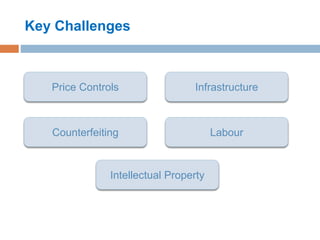 Key Challenges
Price Controls
Labour
Intellectual Property
Counterfeiting
Infrastructure
 