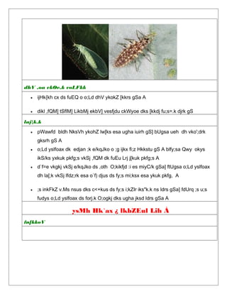 dhV ,oa vkØe.k voLFkk
• ijHk{kh cx ds fuEQ o o;Ld dhV ykokZ [kkrs gSa A
• dikl ,fQM] tSflM] LikbMj ekbV] vesfjdu ckWyoe dks [kkdj fu;s=.k djrk gS
laj{k.k
• pWawfd bldh NksVh ykohZ lw[ks esa ugha iuirh gS] bUgsa ueh dh vko';drk
gksrh gS A
• o;Ld yslfoax dk edjan ;k e/kqJko o ;g ijkx fi;z Hkkstu gS A blfy;sa Qwy okys
ikS/ks yxkuk pkfg;s vkSj ,fQM dk fuEu Lrj j[kuk pkfg;s A
• d`f=e vkgkj vkSj e/kqJko ds ,oth O;kikfjd :i es miyC/k gSa] ftUgsa o;Ld yslfoax
dh la[;k vkSj lfdz;rk esa o`f) djus ds fy;s mi;ksx esa ykuk pkfg, A
• ;s inkFkZ v.Ms nsus dks c<+kus ds fy;s i;kZIr iks"k.k ns ldrs gSa] fdUrq ;s u;s
fudys o;Ld yslfoax ds forj.k O;ogkj dks ugha jksd ldrs gSa A
ysMh Hk`ax ¿ lkbZEul Lih À
fn[kkoV
 