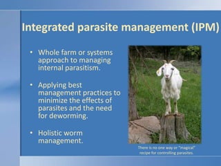 Integrated parasite management (IPM)<br />Whole farm or systems approach to managing internal parasitism.<br />Applying be...