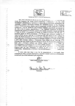 ,,:
,".'.
i
,í'
I t*'Cã--i
l+= [Ug*J
TERMoDEtNetir:{çÀo DETESTEMUN':t,,ì
Aos vìnte e dois diasdo mês clemaio do ano de miÌ novc(r:,ti,r - i,)..çrttiìe seis,na
Escolade Sargentosdas Armas(EssA),compareceua testemur.ìhâ,l" t.en Cav LUIS
ry$LaUE AMoRMIdtn 02s452413-5Mincx,filhodeer.n.òtiõDoMtNcoí;;
lüOU"t -r_y4ruA OSVALDARAMOSDE ÀMORhU,residentena Ruapresidente
Dutrano50-D-centro,nestacidade.oquarfoi perguntadosepodiacomprovara rotinade
trabalhodo1'TenInf uÁncto LÌnz pASSoúIaEnlo
iesponaenàoquesi4queno
P
üryq e doisdejaneiro,segunda-feir4oÌo TenfnÉnfô
"o-p"r"""u
naEscolade
S-argentos9a-<iArmas,às07:00horas,quart€rondetrabarhaexercendoarìnçãodechefèda
lljryl
d: BCSv,e Comandantedo ?elotão de policia do Exército (íel pE) para a
}ryq.lgli""t do BCsv,comandandoo pel pElogoapósrealizandotrabalhosna3u
Seçãodo BCSvatéporvoltadas11:15horas;queiogãús dirigru_separao almoçono
ï:ï"_,* "fi=ïru,:"j:Tpd"
às 13:15horaspuiu
"
6.rnatu.udaiardecomo pelpÈ;que
desdeentãoatÉas16:00horasencontrava-serearizandotrabalhosna3,seçãodoBCSv;qìe
a partii desteimo$ry9 realizouo TreinamentoFísicoMilitar atepor voriadasl7:r5
f91alOu9
togo apósdirigiu-separasuacasa;qu€no dia23 lan96,terça_feir4compareceuà
r$JA para a Íônnaturamadnal,eque tambémrealizoutrabaljro:;rrii j,, Seçãodo
BCSv,almn-çando,naEscol4queàs 13:15horastambémparticipr_,1..t; .,,,,,ì!:turada tarde
com o BCSv,realizandotrabalhosna nìesnìâseçãoaté ài t6:00 t rÈ,,, ,:: :rs 17:30horas
dìrigiu-se para sua casa. Perguntadose conheceou teve co!,iir.. -rrr. os senhorôs
UBIRAJARA RODRIGUES e VITORIO pACACCINI?Responr1.. .-.. conhecerais
pessoas,
E como nadamaisdìssee nern lhe foi perguntado,deuo elcarregadodesta
sindicânciapor findoo presentedepoimento,oqual[áo é achadoconlbr.nre,vaidividamente
assinadopor esseoficialsindicanteepelatestemuúa.
Sindicante
ffi Testemüúa
 