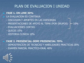 PLAN DE EVALUACION I UNIDAD
 FASE 1. ON LINE 30%
 LA EVALUACION ES CONTINUA
- DISCUSION Y APORTES EN LAS ASESORIAS
- PRESENTACIONES DE APOYO AL TEMA (POR GRUPOS) 10%
- EVALUACIONES CORTAS
- QUICES 10%
- HISTORIA CLINICA 10%
 FASE 2. PRESENCIAL-SEMI PRESENCIAL 70%
- DEMOSTRACION DE TECNICAS Y HABILIDADES PRACTICAS 30%
- EXAMEN PARCIAL PRACTICO-ORAL 40%
 