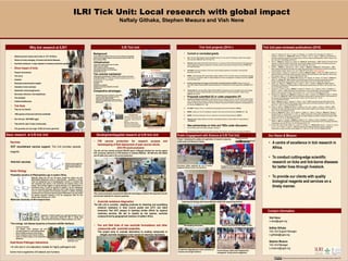 Template provided by: “posters4research.com”
• Global economic losses due to ticks is ~$17-19 billion.
• Vectors of many emerging of human and animal diseases.
• Acaricide resistance: a major obstacle to livestock production globally.
• Direct impact of ticks
• Disease transmission
• Tick worry
• Anaemia
• Reduced productivity/low weights
• Ulceration of skin and teats
• Systematic immunosuppression
• Secondary infections –Dermatophilosis
• Tick paralysis
• Irritation/restlessness
• Tick facts
• They are not insects!
• ~900 species of hard and soft ticks worldwide.
• One tick lays ~500-20000 eggs!
• They feed for upto 14 days continuously.
• Tick genomes are very huge~10 GB (x3 human genome!).
ILRI Tick Unit: Local research with global impact
Naftaly Githaka, Stephen Mwaura and Vish Nene
Why tick research at ILRI? Tick Unit projects (2014~)
Basic research at ILRI tick Unit
Contact information
• Current or concluded grants
1. ILRI : Vish Nene (PI) & Stephen Mwaura (Co-PI)-Production of a new stock of ITM Muguga Cocktail vaccine against
East Coast fever, $407,370, May 2015-Sept 2016.
2. Wellcome Trust: Naftaly Githaka (PI), Eshter Kanduma, Lucy Kamau & Patrick Kirera-International Public Engagement
Award-Catalyzing the uptake and application of research output by small-scale rural farmers in Kenya, £17500, (April
2015-Sept November).
3. ILRI-DAAD: Irene Kioo-Evaluation of anti-vector vaccine antigens targeting iron homostasis in ticks (graduate
fellowship) (2015-2018).
4. BBSRC: Lesley Bell-Sakyi (PI), Richard Bishop, Naftaly Githaka (Co-PI) & Vish Nene- Kenya–UK partnership to develop
in vitro and in vivo laboratory models for highly pathogenic tick-borne microorganisms of livestock and humans, £30 000,
(April 2014-March 2017.
5. Brazilian Federal Agency for Support and Evaluation of Graduate Education (CAPES)-Itabajara da Silva Vaz
Junior (PI) & Naftaly Githaka (Co-PI)-Coperative agreement for development of vaccines against ticks, $113,400 (2014-
2017.
6. Genesis labs Inc: Vish Nene (PI) & Naftaly Githaka (Co-PI)- Development of a new host target vector control strategy
using fipronil or another endectocidal agent to reduce the abundance of ticks and mosquitoes in western Kenya,
$198,147, (2014-2015).
• Proposals submitted (S) or under preparation (P)
1. African Union Research Grant 2016: Christine Maritz-Olivier (University of Pretoria), Vish Nene (ILRI), Naftaly Githaka
(ILRI), Christian Stutzer (University of Pretoria), Michael Crampton (CSIR BioSciences division, South Africa)-Integrated
strategy for effective control of ticks and tick-borne diseases using acaricide resistance diagnostics, phylogeography and
tick vaccines. $1,049,012 (2017~) (S)
2. EU H2020: Pirbright, ILRI et al., Understanding host-pathogen-environment interactions, € 6M (S)
3. BBSRC: Lesley et al; The Tick Cell Biobank: outposts in Asia, Africa and South America, £120,000 (2017~ (S)
4. BBSRC: University of Edinburgh, ILRI et al.; Networks in Vector Borne Disease Research: £2M (P).
5. Wellcome Trust : Naftaly Githaka & Vish Nene: Intermediate Fellowship in Public Health and Tropical Medicine
~£970,000 (P).
• New partnerships on ticks and TBDs under discussion
1. ILRI-University of Bern (Host-Vector-Pathogen interactions).
2. ILRI-Directorate of Veterinary Services (DVS) (exchange of tick materials, joint proposals and sharing of facilities for
drug and vaccine trials).
ILRI Tick Unit
Vaccines
•ECF recombinant vaccine support. Tick Unit provides parasite
reagents.
•Anti-tick vaccines
Vector Biology
•Population genetics of Rhipicephalus spp in eastern Africa.
•Molecular taxonomy of Afro-tropical ticks
•Tick ecology and disease dynamics at livestock-wildlife interfaces.
Host-Vector-Pathogen interactions
• In vitro and in vivo laboratory models for highly pathogenic tick-
borne micro-organisms of livestock and humans.
Tick Unit peer-reviewed publications (2016)
1. Costa, E.P., Façanha, A.R., Cruz, C.S., Silva, J.N., Machado, J.A., Carvalho, G.M., Fernandes, M.R., Martins, R.,
Campos, E., Romeiro, N.C., Githaka, N.W., Konnai, S., Ohashi, K., Vaz, I.S., Logullo, C., 2016. A novel mechanism of
functional cooperativity regulation by thiol redox status in a dimeric inorganic pyrophosphatase. Biochim. Biophys. Acta -
Gen. Subj. doi:10.1016/j.bbagen.2016.09.017
2. Olds, C.L., Mwaura, S., Odongo, D.O., Scoles, G.A., Bishop, R., Daubenberger, C., 2016. Induction of humoral immune
response to multiple recombinant Rhipicephalus appendiculatus antigens and their effect on tick feeding success and
pathogen transmission. Parasit. Vectors 9, 484. doi:10.1186/s13071-016-1774-0
3. †Rothen, J., †Githaka, N., Kanduma, E.G., Olds, C., Pflüger, V., Mwaura, S., Bishop, R.P., Daubenberger, C., 2016.
Matrix-assisted laser desorption/ionization time of flight mass spectrometry for comprehensive indexing of East African
ixodid tick species. Parasit. Vectors 9, 151. doi:10.1186/s13071-016-1424-6 †=Equal contribution.
4. Lozano-Fuentes, S., Kading, R.C., Hartman, D.A., Okoth, E., Githaka, N., Nene, V., Poché, R.M., 2016. Evaluation of a
topical formulation of eprinomectin against Anopheles arabiensis when administered to Zebu cattle (Bos indicus) under
field conditions. Malar. J. 15, 324. doi:10.1186/s12936-016-1361-z
5. Kanduma, E.G., Mwacharo, J.M., Githaka, N.W., Kinyanjui, P.W., Njuguna, J.N., Kamau, L.M., Kariuki, E., Mwaura, S.,
Skilton, R.A., Bishop, R.P., 2016. Analyses of mitochondrial genes reveal two sympatric but genetically divergent
lineages of Rhipicephalus appendiculatus in Kenya. Parasit. Vectors 9, 353. doi:10.1186/s13071-016-1631-1
6. Kamau, L.M., Skilton, R.A., Githaka, N., Kiara, H., Kabiru, E., Shah, T., Musoke, A., Bishop, R.P., 2016. Extensive
polymorphism of Ra86 genes in field populations of Rhipicephalus appendiculatus from Kenya. Ticks Tick. Borne. Dis.
doi:10.1016/j.ttbdis.2016.03.011
7. Toyomane, K., Konnai, S., Niwa, A., Githaka, N., Isezaki, M., Yamada, S., Ito, T., Takano, A., Ando, S., Kawabata, H.,
Murata, S., Ohashi, K., 2016. Identification and the preliminary in vitro characterization of IRIS homologue from salivary
glands of Ixodes persulcatus Schulze. Ticks Tick. Borne. Dis. 7, 119–25. doi:10.1016/j.ttbdis.2015.09.006
8. Kanduma, E.G., Mwacharo, J.M., Mwaura, S., Njuguna, J.N., Nzuki, I., Kinyanjui, P.W., Githaka, N., Heyne, H., Hanotte,
O., Skilton, R.A., Bishop, R.P., 2016. Multi-locus genotyping reveals absence of genetic structure in field populations of
the brown ear tick (Rhipicephalus appendiculatus) in Kenya. Ticks Tick. Borne. Dis. 7, 26–35.
doi:10.1016/j.ttbdis.2015.08.001
9. Patel, E., Mwaura, S., Kiara, H., Morzaria, S., Peters, A., Toye, P., 2016. Production and dose determination of the
Infection and Treatment Method (ITM) Muguga cocktail vaccine used to control East Coast fever in cattle. Ticks Tick.
Borne. Dis. 7, 306–14. doi:10.1016/j.ttbdis.2015.11.006
10. Gomes, H., Moraes, J., Githaka, N., Martins, R., Isezaki, M., Vaz, I. da S., Logullo, C., Konnai, S., Ohashi, K., 2015.
Vaccination with cyclin-dependent kinase tick antigen confers protection against Ixodes infestation. Vet. Parasitol. 211,
266–73. doi:10.1016/j.vetpar.2015.05.022
11. Norling, M., Bishop, R.P., Pelle, R., Qi, W., Henson, S., Drábek, E.F., Tretina, K., Odongo, D., Mwaura, S., Njoroge, T.,
Bongcam-Rudloff, E., Daubenberger, C.A., Silva, J.C., 2015. The genomes of three stocks comprising the most widely
utilized live sporozoite Theileria parva vaccine exhibit very different degrees and patterns of sequence divergence. BMC
Genomics 16, 729. doi:10.1186/s12864-015-1910-9
12. Murase, Y., Konnai, S., Yamada, S., Githaka, N., Isezaki, M., Ito, T., Takano, A., Ando, S., Kawabata, H., Murata, S.,
Ohashi, K., 2015. An investigation of binding ability of Ixodes persulcatus Schulze Salp15 with Lyme disease spirochetes.
Insect Biochem. Mol. Biol. 60, 59–67. doi:10.1016/j.ibmb.2015.01.010
13. da Silva, R.M., Noce, B. Della, Waltero, C.F., Costa, E.P., de Abreu, L.A., Githaka, N.W., Moraes, J., Gomes, H.F., Konnai,
S., Vaz, I. da S., Ohashi, K., Logullo, C., 2015. Non-classical gluconeogenesis-dependent glucose metabolism in
Rhipicephalus microplus embryonic cell line BME26. Int. J. Mol. Sci. 16, 1821–39. doi:10.3390/ijms16011821
Our Vision & Mission
• A centre of excellence in tick research in
Africa.
• To conduct cutting-edge scientific
research on ticks and tick-borne diseases
for better lives through livestock.
• To provide our clients with quality
biological reagents and services on a
timely manner.
Development/applied research at ILRI tick Unit Public Engagement with Science at ILRI Tick Unit
Background
•A rare and unique biological resource not only in Africa but also globally.
•Built in 1979 to support research on East Cost fever (ECF) and other Tick
Borne Diseases (TBDs).
•Infrastructure
•Fly/tick proof cattle isolation pens (16 cattle).
•Rabbit rooms (48 rabbits).
•Tick incubation rooms (8 incubators).
•Entomology Laboratory (14 microscopes).
•Student data room (5).
Tick colonies maintained
•Rhipicephalus appendiculatus (7 different stocks and lines from Eastern
and Southern Africa). Low (refractory) and High (susceptible) genetic lines of
R. appendiculatus to T. parva infection.
•R.Zambeziensis
•R.evertsi,
•Amblyomma variegatum,
•Boophilus decoloratus, Boophilus microplus
•Hyalomma sp.
Comparative advantages
• ITM vaccine production for research purpose and
backstopping of field deployment of past vaccine stocks.
2016 ITM vaccine production
• Acaricide resistance diagnostics
The tick unit is currently adapting protocols for detecting and quantifying
chemical resistance in ticks (Larval packet test (LPT) and Adult
Immersion Test (AIT) assays) to backstop similar efforts by regional
veterinary services. We aim to classify by tick species, acaricide
compound and by geographical locations in eastern Africa.
• Pen and field trials of new acaricide formulations and other
compounds with acaricidal properties.
This project aims to evaluate alternatives to existing compounds to
mitigate acaricide resistance in tick vectors of veterinary importance.
Tick unit entomology lab
Project: Catalyzing the uptake and application of research output by
small-scale rural farmers in Kenya.
Exploring tick biology with farmers-Mkulima mtafiti (the researching farmers)
A model farm integrating tick control, prevention of
zoonoses and drought resilience.
Government official explaining the role of science
engagement between farmers and researchers.
Farmers examining tick life stages in tubes
Engagement forum to identify problems associated
with ticks and tick-borne diseases.
Tick sampling with farmers
A herd of Borans cattle under integrated tick
management during science engagement.
Vish Nene
v.nene@cgiar.org
Naftaly Githaka
Tick Unit Support Manager
n.githaka@cgiar.org
Stephen Mwaura
Tick Unit Manager
s.mwaura@cgiar.org
Tick Unit Team
Front row (L-R):Philips Munyiva (visiting
M.Sc. Student), Stephen Mwaura (Tick
Unit Manager), Irene Kioo (DAAD PhD
student).
Back row (L-R):Milton Owindo
(Research technologist), Stephen
Njuguna (Technical assistant), Naftaly
Githaka (Tick Unit Support Manager).
Tick unit Building
Tick colonies in climate chambers in the tick unit
Cattle pens in the tick unit
• Multidisciplinary (vaccines, diagnostics, vector ecology,
zoonoses, epidemiology, immunology, molecular
biology, taxonomy, capacity building)
• Basic research & product delivery (10 peer-reviewed
publications and 640 000 doses of ECF vaccine in 2016).
• Motivated staff
http://www.tah.co.za/blog
Antibody response against tick
antigens to evaluate effect on
T.parva infection ( (Olds et al.,
2016).
Molelcular typing with COI and 12S genes revealed two distinct and well-
differentiated haplogroups among R. appendiculatus populations in Kenya.
These two haplogroups have no phylogeographic structure or correlation with
their mammalian host species or the evolutionary and breeding history of the
species. These findings suggest an ongoing speciation of R. appendiculatus in
sub-Saharan Africa. It would be important to establish if the two haplogroups
have any associated phenotypic differences which might influence parameters
such as T. parva acquisition and transmission dynamics. In addition, identifying
evolutionary forces driving the observed genetic differentiation may help explain
the apparent population expansion of the two haplogroups within the sub-
Saharan region (Kanduma et al., 2016).
Application of Matrix-assisted laser desorption/ionization time of
flight mass spectrometry (MALDI-TOF MS) to identify field-
collected ticks from East Africa (Rothen & Githaka et al., 2016).
• Tick-borne zoonoses.
• Link between vector resistance and anti-
microbial resistance in small-holding settings
• Role of wildlife as reservoir of tick vectors.
• Vector competence under natural conditions.
• Impact of climate change on tick seasonality &
abundance. Sampling for hard ticks at
Kapiti plains ranch
Sampling for soft ticks
The tick unit has recently produced 640,000 doses of Muguga Cocktail live vaccine against
ECF commonly referred to as ITM (Infection & Treatment Method). 492 000 ticks, 400 rabbits
and 40 cattle were used in the current production.
This current production ensures ILRI retails the technology to produce this important vaccine
and provide materials for research purposes.
This document is licensed for use under the Creative Commons Attribution 4.0 International Licence. October 2016
 