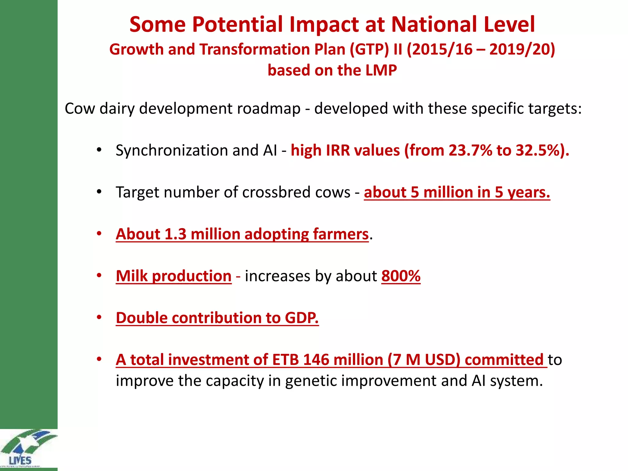 Some Potential Impact at National Level
Growth and Transformation Plan (GTP) II (2015/16 – 2019/20)
based on the LMP
Cow dairy development roadmap - developed with these specific targets:
• Synchronization and AI - high IRR values (from 23.7% to 32.5%).
• Target number of crossbred cows - about 5 million in 5 years.
• About 1.3 million adopting farmers.
• Milk production - increases by about 800%
• Double contribution to GDP.
• A total investment of ETB 146 million (7 M USD) committed to
improve the capacity in genetic improvement and AI system.
 
