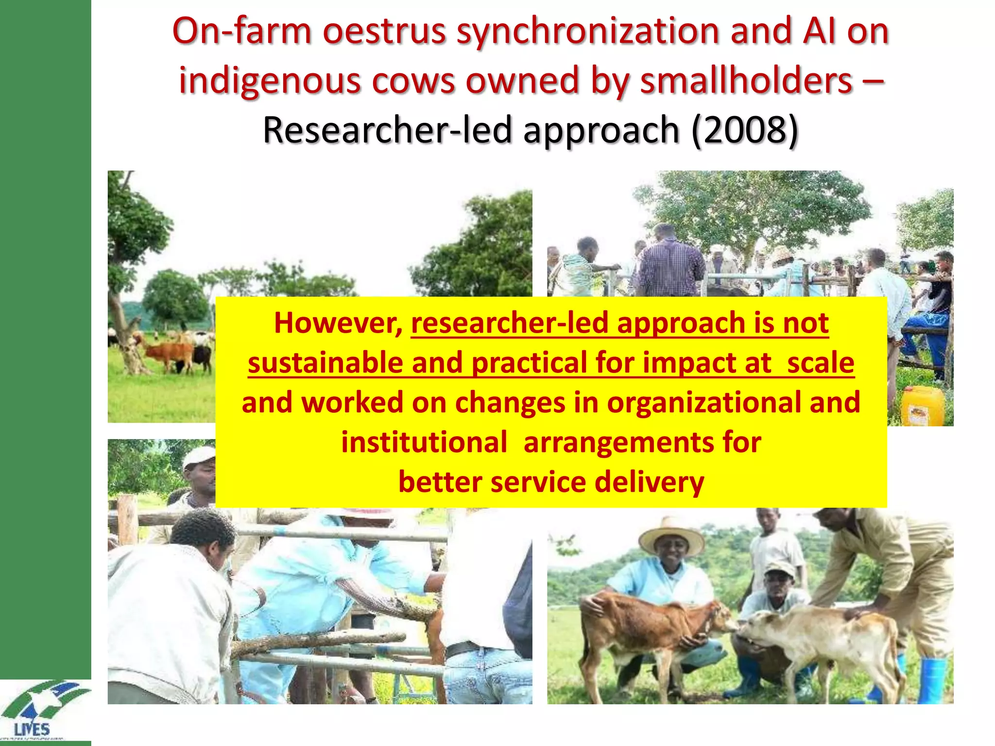 On-farm oestrus synchronization and AI on
indigenous cows owned by smallholders –
Researcher-led approach (2008)
However, researcher-led approach is not
sustainable and practical for impact at scale
and worked on changes in organizational and
institutional arrangements for
better service delivery
 