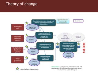 Assessment
tools
Improved
breeds of
livestock
Multiplication
& delivery
systems
Policy
guidelines
Consideration of a
future changed
environment
Implementation of
delivery systems by
stakeholders
Genetic improvement strategy and
delivery system designed with
stakeholders
Policy guidelines
adopted by
stakeholders
Women and men
resource poor farmers
sustainably utilising
improved livestock
genetics
Access to
inputs
including
animal health-
care and feed
Implementation of
genetic improvement
strategy by
stakeholders
Gender focus
Consideration
of gender and
youth issues
= Identified sets of assumptions
Sub-idos
Stakeholde
r capacity;
enabling
environme
nt
Stakeholde
r capacity;
enabling
environme
nt
Stakeholde
r capacity;
enabling
environme
nt
Stakeholde
r capacity;
enabling
environme
nt
Stakeholders = policy makers, national research and
development partners, investors, the private sector,
women and men livestock keepers
Access to
markets
Theory of change
 