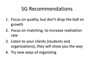 SG Recommendations
1. Focus on quality, but don’t drop the ball on
   growth
2. Focus on matching, to increase realization
   rate
3. Listen to your clients (students and
   organizations), they will show you the way
4. Try new ways of organizing
 
