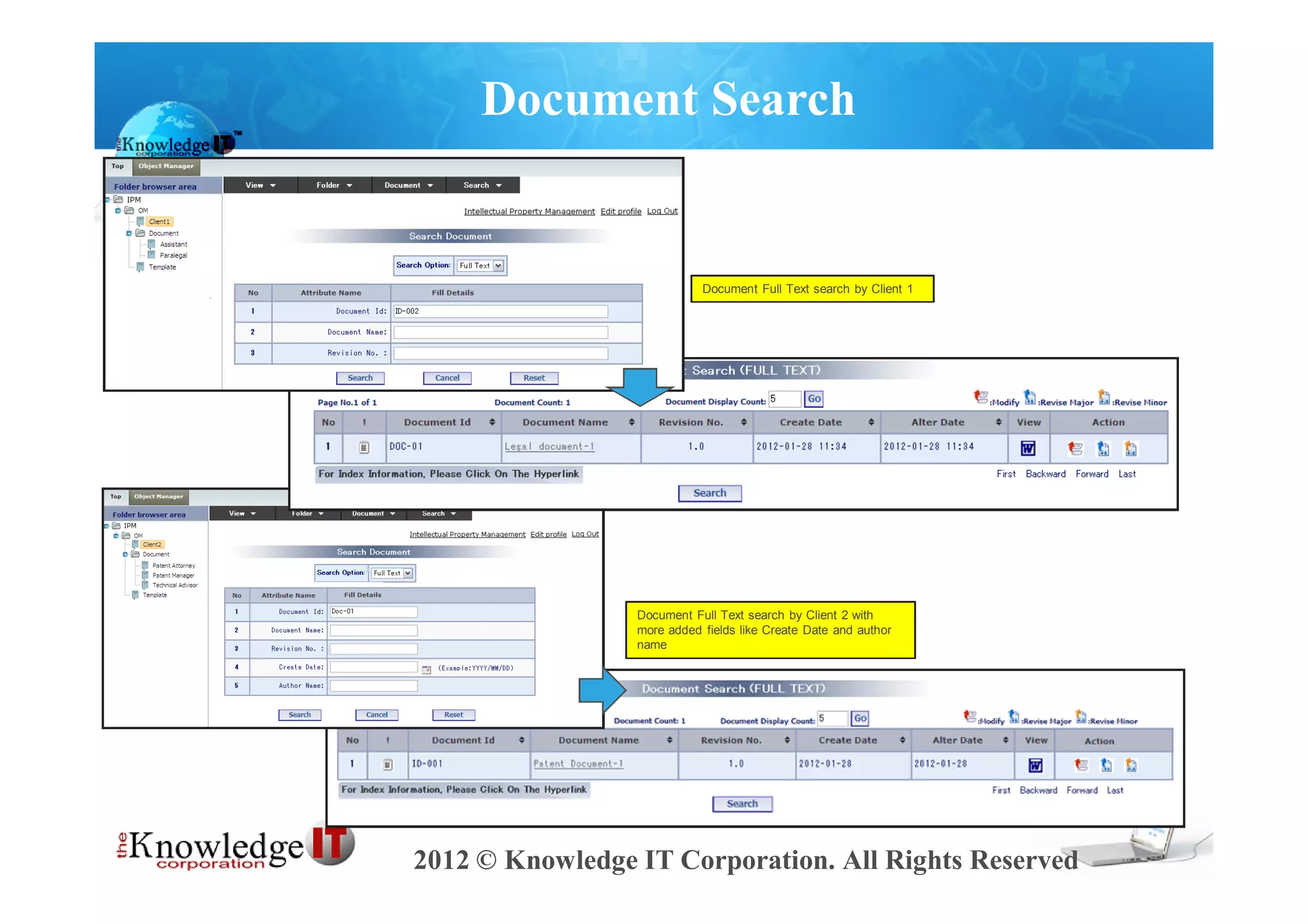 Document Search


                            Document Full Text search by Client 1




                 Document Full Text search by Client 2 with
                 more added fields like Create Date and author
                 name




2012 © Knowledge IT Corporation. All Rights Reserved
 