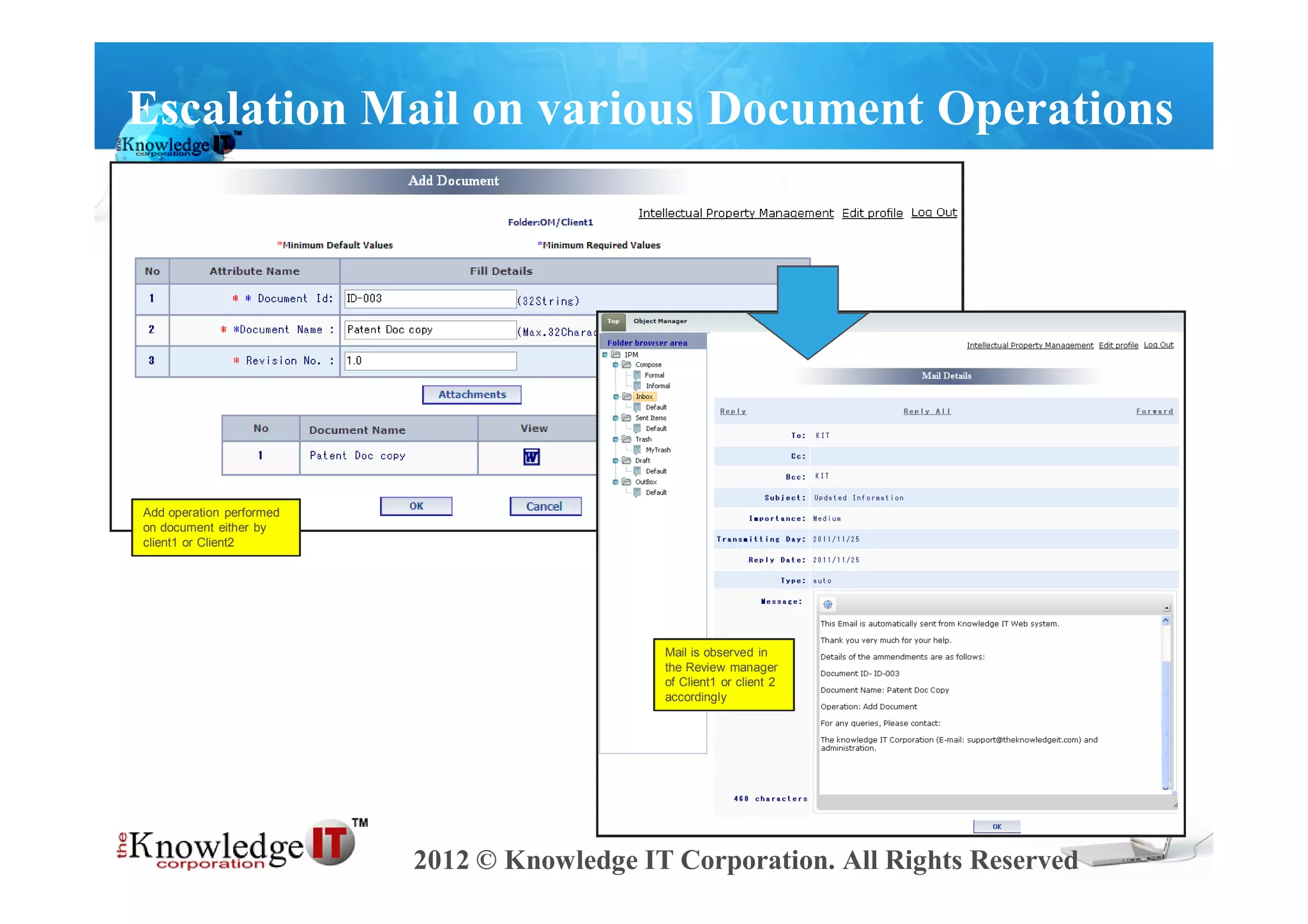 Escalation Mail on various Document Operations




Add operation performed
on document either by
client1 or Client2




                                             Mail is observed in
                                             the Review manager
                                             of Client1 or client 2
                                             accordingly




                          2012 © Knowledge IT Corporation. All Rights Reserved
 