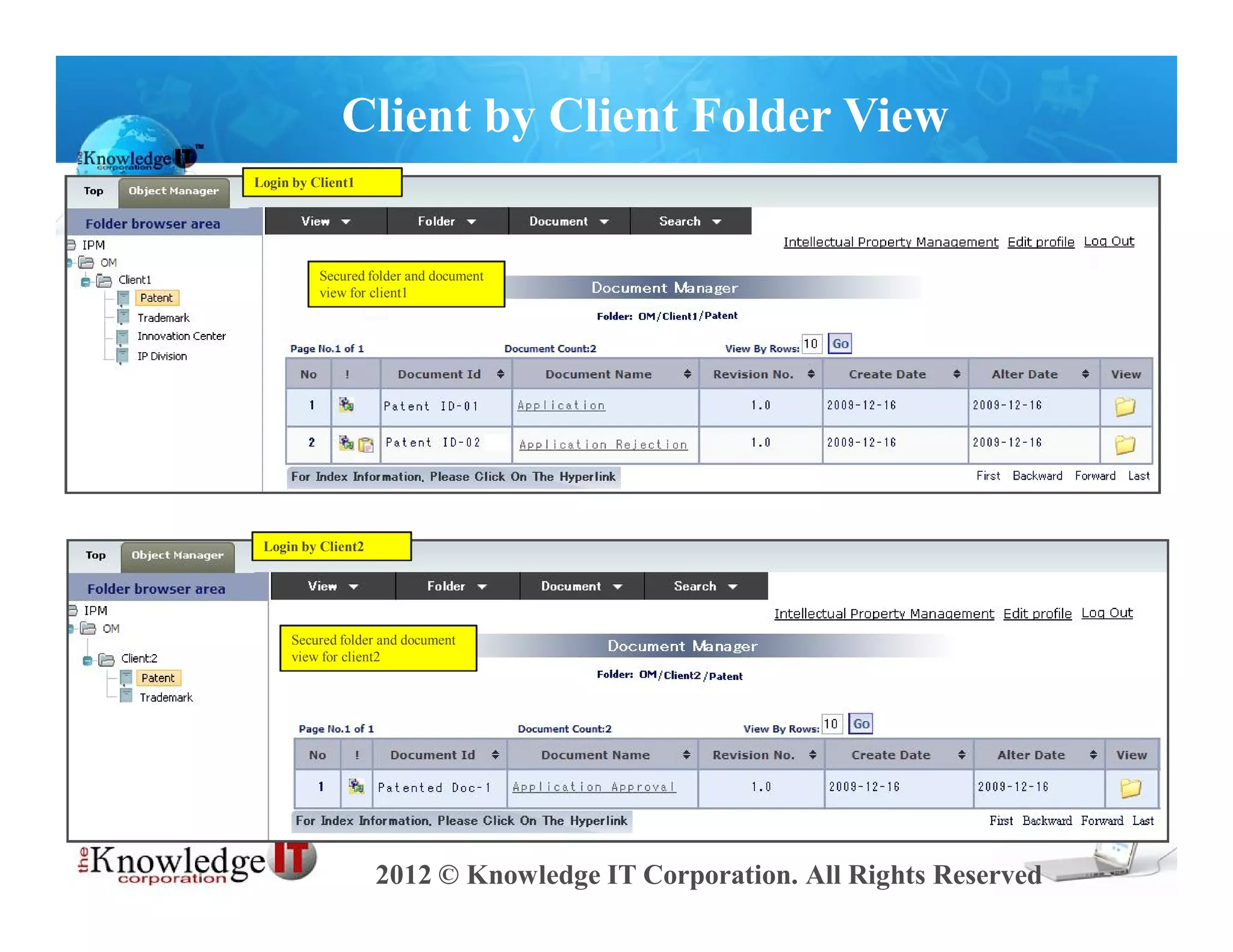 Client by Client Folder View
Login by Client1




          Secured folder and document
          view for client1




 Login by Client2




     Secured folder and document
     view for client2




                    2012 © Knowledge IT Corporation. All Rights Reserved
 
