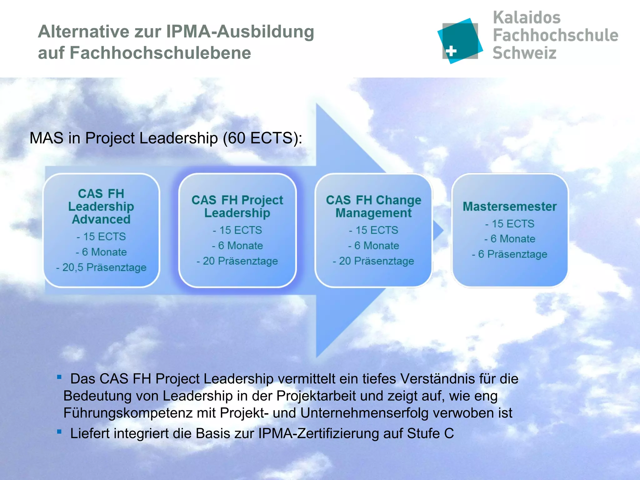 Folie 27
CAS und IPMA Zertifizierung kombinieren!
IPMA Modul
(7 Tage + Videolektionen)
PM advanced
(8 Tage)
Lernleistung: Projektdokumentation
oder
Lernleistung: Analyse eines PM-Systems
Anmeldung zur IPMA - Zertifizierung
CAS FH in Project-
Management
(15 ECTS)
IPMA Zertifikat*
Stufe D / C / B
CAS
Option:
IPMA – Zertifizierung
Lernleistung = Basis Projektbericht IPMA
Schriftliche Prüfung
Mündliche Prüfung
*Die Gebühren für die Zertifizierung sind nicht im CAS-Preis enthalten
 