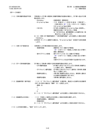 231-ND2824-000                                                第3章   入力画面の詳細説明
1.0 版 2009 年 8 月                                                      3.3 回線の設定

（前ページの続き）

 （１０）ISDN 発番号透過不可時 ：     ISDN 網から SIP 網へ発信時に発番号情報が非通知の場合に、SIP 網へ送出する情
                         報を設定します。
                           ・Anonymous        ：非通知設定（標準設定）
                           ・Originating Name ： <4> 回 線 ポ ー ト 設 定 の 追 加 （ ISDN-NET ）
                                              『                                    、
                                              （ISDN-USER）（
                                                         』      3-32、3-35ページ）で設定し
                                              たOriginating Nameを通知
                           ・184 付与           ：SIP 網への発番号は Originating Name を使用し、
                                              着番号の先頭に”184”を付与して発信
                                              ※“184”の付与は、番号展開等による番号付加・削
                                                除を行なった後に行います。
                         ※（９）ISDN→SIP 発番号通知で“ISDN 発番号透過”以外を選択した場合は設定
                           できません。
                         ※SV8500 サーバーと連携する場合は、      “Originating Name”を設定する事を推奨
                           します。

 （１１）ISDN→SIP 着信方式   ：   ISDN 網から SIP 網の着信方式を設定します。
                           ・着番号着信          ：着番号を『 ［2］回線⇒SIP着信』
                                            （  3-64ページ）で登録した内容に従いSIP網へ
                                            着信（標準設定）
                           ・着サブアドレス着信      ：着サブアドレスを『 ［2］回線⇒SIP着信』
                                            （  3-64ページ）で登録した内容に従いSIP網へ
                                            着信
                                            ※着サブアドレスを必ず受信する必要があります。

 （１２）SIP→ISDN 発番号通知 ：    SIP 網から ISDN 網へ発信する時の発番号通知を設定します。
                           ・SIP 発番号透過      ：SIP 網から来る from アドレスを ISDN 網に発番号と
                                            して通知します。   （標準設定）
                           ・ダイヤルイン番号透過 ：SIP 網から来るダイヤルイン番号を ISDN 網に発番
                                            号として通知します。
                           ・発番号送信なし        ：ISDN 網に発番号を送出しません。着信者に通知さ
                                            れる番号は回線契約に従います。
                           ・発番号非通知         ：ISDN 網に番号通知しません。

 （１３）透過番号第 1 数字指定 ：      （１２）で“ダイヤルイン番号透過”を選択時、透過させる番号の先頭番号
                         （0471-99-9999 の場合は“標準”（0））を指定します。
                          ・標準（0）
                          ・1 ～

                          ・9
                         ※（１２）で“ダイヤルイン番号透過”以外を選択した場合は設定できません。

 （１４）透過番号以外の扱い       ：   （１３）で指定した番号以外を受信した場合の処理を選択します。
                          ・発番号送信無し（標準設定）
                          ・発番非表示
                         ※（１２）で“ダイヤルイン番号透過”以外を選択した場合は設定できません。

 （１５）入力内容を確認し、“設定”をクリックします。




                                      3-43
 