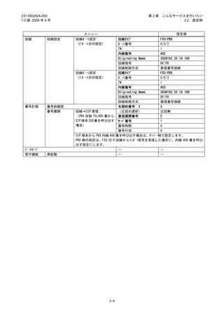 231-ND2824-000                                      第2章   こんなサービスを行いたい
1.0 版 2009 年 8 月                                                 2.2 設定例



                        メニュー                                    設定値
 回線          回線設定    回線ﾎﾟｰﾄ設定             回線ﾀｲﾌﾟ           FXS-PBX
                     （2 ﾎﾟｰﾄ目の設定）         ﾎﾟｰﾄ番号           0/0/2
                                          TN               1
                                          内線番号             402
                                          Originating Name 302@192.32.16.100
                                          回線信号             DP/PB
                                          回線制御方式           着信番号接続
                     回線ﾎﾟｰﾄ設定             回線ﾀｲﾌﾟ           FXS-PBX
                     （3 ﾎﾟｰﾄ目の設定）         ﾎﾟｰﾄ番号           0/0/3
                                          TN               1
                                          内線番号             403
                                          Originating Name 303@192.32.16.100
                                          回線信号             DP/PB
                                          回線制御方式           着信番号接続
 番号計画        番号前翻訳                        先頭桁番号 2          3
             番号展開    回線⇒SIP 着信            （迂回の選択）          迂回無
                     （PBX 収容 TEL400 番から 着信展開番号             2
                     SIP 端末 200 番を呼び出す ｻｰﾊﾞ番号              1
                     場合）                  番号削除             0
                                          番号付加             0
                     SIP 端末から PBX 内線 400 番を呼び出す場合は、ｻｰﾊﾞｰ側で設定します。
                     PBX 側の設定は、FXS の 0 回線からﾘﾝｶﾞｰ信号を受信した場合に、内線 400 番を呼び
                     出す設定にします。
 ﾃﾞｰﾀｾｰﾌﾞ                                 －                －
 保守機能        再起動                          －                －




                                    2-4
 