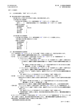 231-ND2824-000                                             第3章    入力画面の詳細説明
1.0 版 2009 年 8 月                                                 3.5 番号計画の設定

（前ページの続き）

 （９） 入力内容を確認し“設定”をクリックします。

   例）最大桁数を使用する場合の登録例
     …2000 番(4 桁)と 21000(5 桁)が存在する場合、最大桁数を指定します。
      ①2000 番(4 桁)の登録例…
        ・2000 番(4 桁)の桁数は、    『3.5.1 番号前翻訳』（ 3-58ページ）にて登録します。
            数字 2 ： 4 （登録内容の詳細は『3.5.1 番号前翻訳』       （  3-58ページ）を参照）
        ・回線⇒SIP 着信は
            着信展開番号： 20
            最大桁数      ： （未入力）
            サーバ番号 ： 1
            番号削除      ： 0
            番号付加      ： 0

         ②21000 番(5 桁)の登録例…
          ・21000 番(5 桁)の桁数は、『3.5.1 番号前翻訳』（   3-58ページ）には登録しません。
            (2000 番の 4 桁が既に登録されている為)
          ・回線⇒SIP 着信は
              着信展開番号： 21
              最大桁数      ： 5
              サーバ番号 ： 1
              番号削除      ： 0
              番号付加      ： 0

   注 1）最大桁数登録時の注意事項
     『3.2.1 基本設定』  （     3-9ページ）の“モデル定義”で設定した内容により、設定方法が変わります。
    ・FS/FXS ：回線から受信する番号の桁数を登録します。              （上記の登録例を参照）
    ・FO/FXO ：『3.3.1[1]<2>回線ポート設定の追加（FO/FXO）（    』     3-26ページ）の“回線制御方式”で…
               ①“PB ダイヤルイン接続”を選択した場合…
                 ⅰ） 『3.3.2[1]ルート設定の追加』   （     3-45ページ）の“付加数字パターン番号”で番号付加さ
                    せる場合は、回線から受信する番号の桁数＋ルート設定にて付加する番号の桁数を登録しま
                    す。
                      例）回線から 400 番(3 桁)を受信して、ルート設定の番号付加で 0(1 桁)を付加させる場合
                          最大桁数 ＝ 0(1 桁) ＋ 400 番(3 桁) ＝ 4 桁
                 ⅱ） 『3.3.2[1]ルート設定の追加』   （     3-45ページ）の“付加数字パターン番号”で番号付加さ
                    せない場合は、回線から受信する番号の桁数を登録します。                 （上記の登録例を参照）
               ②“追加ダイヤルイン”を選択した場合は、追加ダイヤルインにてダイヤルされる番号の桁数を登
                 録します。
                   例）追加ダイヤルインで 5000 番をダイヤルする場合は“4 桁”を登録します。
    ・OD/E&M ：『3.3.2[1]ルート設定の追加』   （     3-45ページ）の“付加数字パターン番号”で…
               ①番号付加させる場合は、      回線から受信する番号の桁数＋ルート設定にて付加する番号の桁数を登録
                 します。
                   例）回線から 400 番(3 桁)を受信して、ルート設定の番号付加で 0(1 桁)を付加させる場合
                      最大桁数 ＝ 0(1 桁) ＋ 400 番(3 桁) ＝ 4 桁
               ②番号付加させない場合は、回線から受信する番号の桁数を登録します。                   （上記の登録例を参照）
   ・ISDN-USER ： 『3.3.1[1]<5> 回線ポート設定の追加（ISDN-USER）（   』     3-35ページ）の“回線制御方式”で…
               ①“追加ダイヤルイン接続”を選択した場合、追加ダイヤルインにてダイヤルされる番号の桁数を
                 登録します。
                   例）追加ダイヤルインで 5000 番をダイヤルする場合は“4 桁”を登録します。
               ②“着信番号接続”を選択した場合は、最大桁数の登録内容は参照しません。                   （最大桁数を登録する
                 必要はありません。     ）
     ※『3.3.1[1]<1>～<5>回線ポート設定の追加』     （     3-23～3-35ページ）の“回線制御方式”で“ホットライン接
      続”を選択した場合は、最大桁数の登録内容は参照しません。                   （最大桁数を登録する必要はありません。    ）
    ※最大桁数は、番号前翻訳で登録した桁数以上の値で登録して下さい。
      (番号前翻訳の受信桁数≦最大桁数)
                                                                      （次ページへ続く）

                                      3-66
 