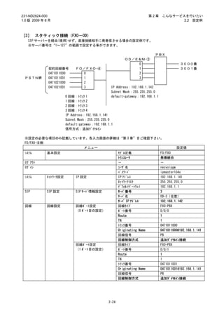 231-ND2824-000                                                            第2章    こんなサービスを行いたい
1.0 版 2009 年 8 月                                                                        2.2 設定例



［3］ スタティック接続（FXO－OD）
   SIP サーバーを経由(使用)せず、直接接続相手に発着信させる場合の設定例です。
   ※サーバ番号は“1～127”の範囲で設定する事ができます。

                                                                           ＰＢＸ
                                                          ＯＤ／Ｅ＆Ｍ-③
                                                              0                            ３０００番
              契約回線番号         ＦＯ／ＦＸＯ-④                         1                            ３００１番
              0471011000        0                             2
 ＰＳＴＮ網        0471011001        1                             3
              0471021000        2
              0471021001        3                 IP Address：192.168.1.142
                                                  Subnet Mask：255.255.255.0
                        0 回線：ﾄﾗﾝｸ 1               default-gateway：192.168.1.1
                        1 回線：ﾄﾗﾝｸ 2
                        2 回線：ﾄﾗﾝｸ 3
                        3 回線：ﾄﾗﾝｸ 4
                        IP Address：192.168.1.141
                        Subnet Mask：255.255.255.0
                        default-gateway：192.168.1.1
                        信号方式：追加ﾀﾞｲﾔﾙｲﾝ

 ※設定の必要な項目のみ記載しています。各入力画面の詳細は“第 3 章”をご確認下さい。
 FO/FXO-④側
                   メニュー                                                                  設定値
 ｼｽﾃﾑ        基本設定                                      ﾓﾃﾞﾙ定義                   FO/FXO
                                                       ﾄﾗﾝｽﾚｰﾀ                  発着統合
 ﾛｸﾞｱｳﾄ                                                －                        －
 ﾛｸﾞｲﾝ                                                 ﾕｰｻﾞ名                    necvoipgw
                                                       ﾊﾟｽﾜｰﾄﾞ                  ipmaster104x
 ｼｽﾃﾑ        ﾈｯﾄﾜｰｸ設定        IP 設定                     IP ｱﾄﾞﾚｽ                 192.168.1.141
                                                       ﾈｯﾄﾜｰｸﾏｽｸ                255.255.255.0
                                                       ﾃﾞﾌｫﾙﾄｹﾞｰﾄｳｪｲ            192.168.1.1
 SIP         SIP 設定          SIP ｻｰﾊﾞ情報設定              ｻｰﾊﾞ番号                   3
                                                       ｻｰﾊﾞ名                    OD-3（任意）
                                                       ｻｰﾊﾞ IP ｱﾄﾞﾚｽ            192.168.1.142
 回線          回線設定            回線ﾎﾟｰﾄ設定                  回線ﾀｲﾌﾟ                   FXO-PBX
                             （0 ﾎﾟｰﾄ目の設定）              ﾎﾟｰﾄ番号                   0/0/0
                                                       Route                    1
                                                       TN                       1
                                                       ﾄﾗﾝｸ番号                   0471011000
                                                       Originating Name         0471011000@192.168.1.141
                                                       回線信号                     PB
                                                       回線制御方式                   追加ﾀﾞｲﾔﾙｲﾝ接続
                             回線ﾎﾟｰﾄ設定                  回線ﾀｲﾌﾟ                   FXO-PBX
                             （1 ﾎﾟｰﾄ目の設定）              ﾎﾟｰﾄ番号                   0/0/1
                                                       Route                    1
                                                       TN                       1
                                                       ﾄﾗﾝｸ番号                   0471011001
                                                       Originating Name         0471011001@192.168.1.141
                                                       回線信号                     PB
                                                       回線制御方式                   追加ﾀﾞｲﾔﾙｲﾝ接続




                                                2-24
 