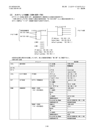 231-ND2824-000                                                          第2章    こんなサービスを行いたい
1.0 版 2009 年 8 月                                                                      2.2 設定例



［3］ スタティック接続（ISDN-USER－FXO）
   SIP サーバーを経由(使用)せず、直接接続相手に発着信させる場合の設定例です。
   （ISDN-USER から FO/FXO へ発信する場合の番号計画を“03-1234-XXXX”とした場合の設定例です。）
   ※サーバ番号は“1～127”の範囲で設定する事ができます。



                                                              ＦＯ／ＦＸＯ-④
                                                                   0
              契約回線番号         ＩＳＤＮ－ＵＳＥＲ-⑥                           1                        ＰＳＴＮ網
              04-7101-1000       0                                 2
 ＰＳＴＮ網                           1                                 3
              04-7101-1001       2
                                 3                     IP Address : 192.168.1.141
                                                       Subnet Mask : 255.255.255.0
                                LINE0 ：ﾄﾗﾝｸ 1          default-gateway : 192.168.1.1
                                      ：ﾄﾗﾝｸ 2
                                LINE1 ：ﾄﾗﾝｸ 3
                                      ：ﾄﾗﾝｸ 4
                                IP Address：192.168.1.144
                                Subnet Mask：255.255.255.0
                                default-gateway：192.168.1.1

   ※設定の必要な項目のみ記載しています。各入力画面の詳細は“第 3 章”をご確認下さい。
   ISDN-USER-⑥側
                    メニュー                                                               設定値
 ｼｽﾃﾑ        基本設定                                    ﾓﾃﾞﾙ定義                   ISDN-USER
                                                     ﾄﾗﾝｽﾚｰﾀ                  発着統合
 ﾛｸﾞｱｳﾄ                                              －                        －
 ﾛｸﾞｲﾝ                                               ﾕｰｻﾞ名                    necvoipgw
                                                     ﾊﾟｽﾜｰﾄﾞ                  ipmaster104x
 ｼｽﾃﾑ        ﾈｯﾄﾜｰｸ設定        IP 設定                   IP ｱﾄﾞﾚｽ                 192.168.1.144
                                                     ﾈｯﾄﾜｰｸﾏｽｸ                255.255.255.0
                                                     ﾃﾞﾌｫﾙﾄｹﾞｰﾄｳｪｲ            192.168.1.1
 SIP         SIP 設定          SIP ｻｰﾊﾞ情報設定            ﾄﾞﾒｲﾝ名                   ipmaster.com
                                                     ｻｰﾊﾞ番号                   4
                                                     ｻｰﾊﾞ名                    FXO-4（任意）
                                                     ｻｰﾊﾞ IP ｱﾄﾞﾚｽ            192.168.1.141
 回線          回線設定            回線ﾎﾟｰﾄ設定                回線ﾀｲﾌﾟ                   ISDN-USER
                             （0 ﾎﾟｰﾄ目の設定）            ﾎﾟｰﾄ番号                   0/0/0
                                                     Route                    1
                                                     TN                       1
                                                     ﾄﾗﾝｸ番号                   0471011000
                                                     情報転送能力                   音声
                                                     Originating Name         0471011000@192.168.1.144
                                                     回線制御方式                   着信番号接続
                             回線ﾎﾟｰﾄ設定                回線ﾀｲﾌﾟ                   ISDN-USER
                             （1 ﾎﾟｰﾄ目の設定）            ﾎﾟｰﾄ番号                   0/0/1
                                                     Route                    1
                                                     TN                       1
                                                     ﾄﾗﾝｸ番号                   0471011000
                                                     情報転送能力                   音声
                                                     Originating Name         0471011000@192.168.1.144
                                                     回線制御方式                   着信番号接続




                                              2-65
 