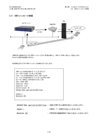 231-ND2824-000                                                 第2章   こんなサービスを行いたい
1.0 版 2009 年 8 月 9.0 版 2009 年 8 月                                    2.4 INFO メッセージ受信



2.4   INFO メッセージ受信




   IPMASTER は受信された SIP/INFO メッセージから PB 音を再生し、PBX(or PSTN)へ音として送出します。
   ※config 設定は必要ありません。



   PB 音再生を行う SIP/INFO メッセージの例を以下に示します。




        INFO sip:2143302100@172.17.2.33 SIP/2.0
        Via: SIP/2.0/UDP 172.80.2.100:5060
        From: <sip:9724401003@172.80.2.100>;tag=43
        To: <sip:2143302100@172.17.2.33>;tag=9753.0207
        Call-ID: 984072_15401962@172.80.2.100
        CSeq: 25634 INFO
        Supported: 100rel
        Supported: timer
        Content-Length: 26
        Content-Type: application/dtmf-relay

        Signal= 1
        Duration= 100




         Content-Type: application/dtmf-relay … 内容にDTMF-Relay信号を含むことを示します。

         Signal= 1                                … DTMFの“1”の信号であることを示します。

         Duration= 100                            … DTMF信号の継続時間が 100msであることを示します。




                                                  2-76
 