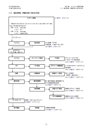 231-ND2824-000                                                                          第 1 章 コンフィグ設定手順
1.0 版 2009 年 8 月                                                                1.2   UNIVERGE IPMASTER-1041A(FXO)


1.2     UNIVERGE IPMASTER-1041A(FXO)

                                   ログイン画面                              3.1 項（     3-5ページ）



   IPMASTER-1041A(FXO)のﾃﾞﾌｫﾙﾄ IP ｱﾄﾞﾚｽ(192.168.0.100)を WEB ﾌﾞﾗｳｻﾞで開く
 http://192.168.0.100/login.html
   初回     ﾕｰｻﾞ名 ：necvoipgw
          ﾊﾟｽﾜｰﾄﾞ：なし
   以降     ﾕｰｻﾞ名 ：necvoipgw
          ﾊﾟｽﾜｰﾄﾞ：ipmaster104x


      メインメニュー


        システム                             基本設定           ﾓﾃﾞﾙ定義：FO/FXO
                                                        を設定後、一度ﾛｸﾞｱｳﾄします
                                                        3.2.1 項（ 3-9ページ）

     ログアウト
  ﾛｸﾞｱｳﾄ後、再ﾛｸﾞｲﾝ



        システム                          ネットワーク設定                         IP 設定            IP ｱﾄﾞﾚｽ・ﾈｯﾄﾜｰｸﾏｽｸ・
                                                                                        ﾃﾞﾌｫﾙﾄｹﾞｰﾄｳｪｲ等の設定
                                                                                        3.2.4-［1］項（    3-14ページ）

            SIP                          SIP 設定                  SIP サーバ情報設定            ﾄﾞﾒｲﾝ名や SIP ｻｰﾊﾞｰの IP ｱﾄﾞﾚｽ
                                                                                        等の設定
                                                                                        3.4.1-［1］項（   3-50ページ）

           回線                            回線設定                     回線ポート設定               各ﾎﾟｰﾄを設定
                                                                                        （使用ﾎﾟｰﾄ数分のみ）
                                                                                        3.3.1-［1］項（ 3-22ページ）

        番号計画                            番号前翻訳           第一数字受信後、    番号翻訳する
                                                        までの最低桁数を設定
                                                        3.5.1 項（ 3-58ページ）

                                         番号展開                      回線⇒SIP 着信            接続先 SIP ｻｰﾊﾞｰを設定
                                                                                        3.5.2-［2］項（  3-64ページ）



                                                                   SIP⇒回線発信             接続先ﾄﾗﾝｸﾙｰﾄを設定
                                                                                        3.5.2-［1］項（ 3-60ページ）
      データセーブ                  登録ﾃﾞｰﾀを Flash ﾒﾓﾘへｾｰﾌﾞ
                              3.6 項（ 3-77ページ）



        保守機能                              再起動           本装置の再起動
                                                        3.7.9 項（ 3-123ページ）




                                                       1-2
 