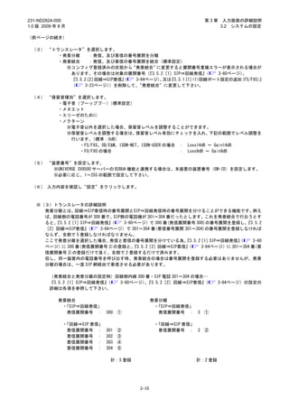 231-ND2824-000                                                    第3章    入力画面の詳細説明
1.0 版 2009 年 8 月                                                        3.2 システムの設定

（前ページの続き）

 （３） “トランスレータ”を選択します。
        ・発着分離     ：発信、及び着信の番号展開を分離
        ・発着統合     ：発信、及び着信の番号展開を統合（標準設定）
          ※コンフィグ登録済みの状態から     “発着統合”   に変更すると展開番号重複エラーが表示される場合が
           あります。その場合は対象の展開番号（       『3.5.2［1］SIP⇒回線発信』  （   3-60ページ）、
           『3.5.2
                ［2］ 回線⇒SIP着信』
                            （  3-64ページ） 又は
                                        、 『3.3.1 ［1］<1>回線ポート設定の追加  （FS/FXS）
                                                                          』
           （    3-23ページ））を削除して、 “発着統合”に変更して下さい。

 （４） “保留音種別”を選択します。
        ・電子音（プーッププ…）    （標準設定）
        ・メヌエット
        ・エリーゼのために
        ・ノクターン
          ※電子音以外を選択した場合、保留音レベルを調整することができます。
          ※保留音レベルを調整する場合は、          保留音レベル有効にチェックを入れ、         下記の範囲でレベル調整を
           行います。 （標準：0dB）
             ・FS/FXS、OD/E&M、ISDN-NET、ISDN-USER の場合 ： Loss14dB ～ Gain14dB
             ・FO/FXO の場合                           ： Loss9dB ～ Gain9dB

 （５） “装置番号”を設定します。
       ※UNIVERGE SV8500 サーバーの B2BUA 機能と連携する場合は、本装置の装置番号（GW-ID）を設定します。
       ※必要に応じ、1～255 の範囲で設定して下さい。

 （６） 入力内容を確認し“設定”をクリックします。



   ※（３）トランスレータの詳細説明
     発着分離とは、   回線⇒SIP着信時の番号展開とSIP⇒回線発信時の番号展開を分けることができる機能です。                  例え
     ば、回線側の電話番号が 300 番で、SIP側の電話機が 301～304 番だったとします。これを発着統合で行おうとす
     ると、『3.5.2［1］SIP⇒回線発信』 （  3-60ページ）で 300 番(発信展開番号 300)の番号展開を登録し、      『3.5.2
     ［2］回線⇒SIP着信』   （  3-64ページ）で 301～304 番(着信番号展開 301～304)の番号展開を登録しなければ
     ならず、全部で 5 登録しなければなりません。
     ここで発着分離を選択した場合、       発信と着信の番号展開を分けている為、      『3.5.2［1］  SIP⇒回線発信』（    3-60
     ページ）に 300 番(発信展開番号 3)の登録と、   『3.5.2［2］回線⇒SIP着信』（     3-64ページ）に 301～304 番(着
     信展開番号 3)の登録だけで良く、全部で 2 登録するだけで済みます。
     但し、同一装置内の電話番号を呼び出す時、発着統合の場合は番号展開を登録する必要はありませんが、発着
     分離の場合は、一度 SIP 網経由で着信させる必要があります。

         （発着統合と発着分離の設定例）回線側内線 300 番・SIP 電話 301～304 の場合…
         『3.5.2［1］SIP⇒回線発信』
                          （ 3-60ページ）『3.5.2［2］回線⇒SIP着信』
                                   、                  （                3-64ページ）の設定の
         詳細は各項を参照して下さい。

            発着統合                               発着分離
             ・「SIP⇒回線発信」                        ・「SIP⇒回線発信」
               発信展開番号 ：      300   ①              発信展開番号 ：    3   ①

              ・「回線⇒SIP 着信」                      ・「回線⇒SIP 着信」
                着信展開番号 ：     301   ②              着信展開番号 ： 3      ②
                着信展開番号 ：     302   ③
                着信展開番号 ：     303   ④
                着信展開番号 ：     304   ⑤

                               計：5 登録                         計：2 登録




                                        3-10
 