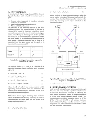 IP Multimedia Communications
                                                                                             A Special Issue from IJCA - www.ijcaonline.org


 3. SYSTEM MODEL                                                    S2 = h2*r1 - h1*r2 + h4*r3 - h3*r4                              (6)
 A simplified block diagram using Alamouti STC is shown in
 Figure 1. The scheme can be broken down in to three functional     In order to recover the actual transmitted symbols, s1 and s1, the
 parts:                                                             receiver requires knowledge of the channel coefficients, h 1 ,h2,
                                                                    h3 and,h4. These channel coefficients are often estimated at the
 1.    Transmit chain (sequence) for encoding information           receiver by measuring known signals embedded in the
       symbols at the transmitter.                                  transmitted waveforms.
  2. signal combination algorithm at the receiver
  3. Maximum likelihood Detection
 The data input is first modulated using any of the M-ary
 modulation schemes. The encoded symbols are then sent to
 Alamouti STBC encoder. In this system, two different symbols
 are simultaneously transmitted from the two antennas during any
 symbol period. During the first time period, the first symbol in
 the sequence, s1, is transmitted from the upper antenna 1 while
 the second symbol, s2, is simultaneously transmitted from the
 lower antenna 2. During the next symbol time the signal –s2* is
 transmitted from the upper antenna and the signal s1* is
 transmitted from lower antenna[10].

                     Tx 0                 Tx 1

Time t               S1                   S2

Time t+T             -s2*                 s 1*

      Table 1 : The encoding and transmission sequence for
                     alamouti STBC scheme


 The received signals, r0 ,r1, r2 and r3 as a function of the
 transmitted signals and channels coefficients can be represented
 as[10,11]

 ro = ro(t) = h1S1 + h2S2 + n0                              (1)


 r1 = r1(t) = - h1S2* + h2S1* + n1                          (2)

                                                                    Fig. 1 : Simplified Alamouti Space Time Coding (STC) block
 r2 = r1(t + T) = h3S1 + h4S2 + n2                          (3)                      diagram for 2X2 MIMO [10]
 r3 = r1(t + T) = - h3S1* + h4S0* + n3                      (4)     Note that ( )* is the complex conjugate operation


 where n1, n2, n3 and n4 are complex random variable                4. RESULTS & DISCUSSIONS
 representing receiver thermal noise and interference. The          In this section Diversity performance gains are analyzed through
 combiner builds the following two signals that are sent to the     BER versus SNR curves plotted on logarithmic vertical scale. In
 maximum likelihood detector(MLD).                                  the simulation, the channel is assumed to be a Rayleigh flat
                                                                    fading channel and the noise samples are independent samples
 MLD utilizes decision regions formed by digital modulation         of a zero mean complex Gaussian random variable. The
 scheme for hard threshold decoding. Depending on where the         transmission employs different modulation schemes i.e. BPSK,
 combined symbol is in signal space, it is hard decoded to the      QPSK, 8-PSK and 16-QAM for all schemes. Maximum
 closest signal constellation [12].                                 likelihood detection Technique is used at receiver for detection
                                                                    of signal. The SNR of the channel was varied from 0dB to 20 dB
                                                                    with BER measured at 1dB increments.
 S1 = h1*r0 + h2*r0 + h3*r2 + h4*r3                       (5)




                                                                                                                                          16
 