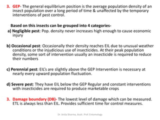 3. GEP- The general equilibrium position is the average population density of an
insect population over a long period of time & unaffected by the temporary
interventions of pest control.
Based on this insects can be grouped into 4 categories-
a) Negligible pest: Pop. density never increases high enough to cause economic
injury
b) Occasional pest: Occasionally their density reaches EIL due to unusual weather
conditions or the injudicious use of insecticides. At their peak population
density, some sort of intervention usually an insecticide is required to reduce
their numbers
c) Perennial pest: EIL’s are slightly above the GEP Intervention is necessary at
nearly every upward population fluctuation.
d) Severe pest: They have EIL below the GEP Regular and constant interventions
with insecticides are required to produce marketable crops
3. Damage boundary (DB)- The lowest level of damage which can be measured.
ETL is always less than EIL. Provides sufficient time for control measures.
Dr. Anita Sharma, Asstt. Prof. Entomology
 