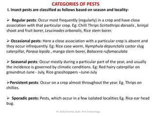 CATEGORIES OF PESTS
I. Insect pests are classified as follows based on season and locality-
 Regular pests: Occur most frequently (regularly) in a crop and have close
association with that particular crop. Eg: Chilli Thrips Scirtothrips dorsalis , brinjal
shoot and fruit borer, Leucinodes orbonalis, Rice stem borer.
 Occasional pests: Here a close association with a particular crop is absent and
they occur infrequently. Eg: Rice case worm, Nymphula depunctalis castor slug
caterpillar, Parasa lepida , mango stem borer, Batocera rufamaculata
 Seasonal pests: Occur mostly during a particular part of the year, and usually
the incidence is governed by climatic conditions. Eg: Red hairy caterpillar on
groundnut-June - July, Rice grasshoppers –June-July
Persistent pests: Occur on a crop almost throughout the year. Eg. Thrips on
chillies.
 Sporadic pests: Pests, which occur in a few isolated localities Eg. Rice ear head
bug.
Dr. Anita Sharma, Asstt. Prof. Entomology
 