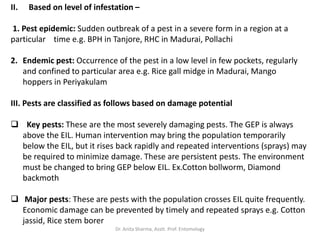 II. Based on level of infestation –
1. Pest epidemic: Sudden outbreak of a pest in a severe form in a region at a
particular time e.g. BPH in Tanjore, RHC in Madurai, Pollachi
2. Endemic pest: Occurrence of the pest in a low level in few pockets, regularly
and confined to particular area e.g. Rice gall midge in Madurai, Mango
hoppers in Periyakulam
III. Pests are classified as follows based on damage potential
 Key pests: These are the most severely damaging pests. The GEP is always
above the EIL. Human intervention may bring the population temporarily
below the EIL, but it rises back rapidly and repeated interventions (sprays) may
be required to minimize damage. These are persistent pests. The environment
must be changed to bring GEP below EIL. Ex.Cotton bollworm, Diamond
backmoth
 Major pests: These are pests with the population crosses EIL quite frequently.
Economic damage can be prevented by timely and repeated sprays e.g. Cotton
jassid, Rice stem borer
Dr. Anita Sharma, Asstt. Prof. Entomology
 