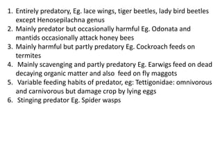 1. Entirely predatory, Eg. lace wings, tiger beetles, lady bird beetles
except Henosepilachna genus
2. Mainly predator but occasionally harmful Eg. Odonata and
mantids occasionally attack honey bees
3. Mainly harmful but partly predatory Eg. Cockroach feeds on
termites
4. Mainly scavenging and partly predatory Eg. Earwigs feed on dead
decaying organic matter and also feed on fly maggots
5. Variable feeding habits of predator, eg: Tettigonidae: omnivorous
and carnivorous but damage crop by lying eggs
6. Stinging predator Eg. Spider wasps
 