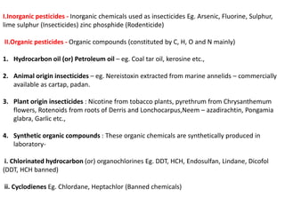I.Inorganic pesticides - Inorganic chemicals used as insecticides Eg. Arsenic, Fluorine, Sulphur,
lime sulphur (Insecticides) zinc phosphide (Rodenticide)
II.Organic pesticides - Organic compounds (constituted by C, H, O and N mainly)
1. Hydrocarbon oil (or) Petroleum oil – eg. Coal tar oil, kerosine etc.,
2. Animal origin insecticides – eg. Nereistoxin extracted from marine annelids – commercially
available as cartap, padan.
3. Plant origin insecticides : Nicotine from tobacco plants, pyrethrum from Chrysanthemum
flowers, Rotenoids from roots of Derris and Lonchocarpus,Neem – azadirachtin, Pongamia
glabra, Garlic etc.,
4. Synthetic organic compounds : These organic chemicals are synthetically produced in
laboratory-
i. Chlorinated hydrocarbon (or) organochlorines Eg. DDT, HCH, Endosulfan, Lindane, Dicofol
(DDT, HCH banned)
ii. Cyclodienes Eg. Chlordane, Heptachlor (Banned chemicals)
 