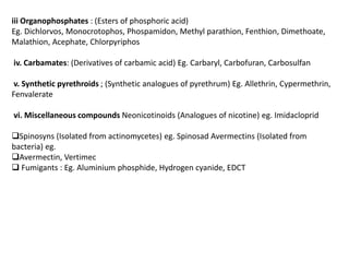 iii Organophosphates : (Esters of phosphoric acid)
Eg. Dichlorvos, Monocrotophos, Phospamidon, Methyl parathion, Fenthion, Dimethoate,
Malathion, Acephate, Chlorpyriphos
iv. Carbamates: (Derivatives of carbamic acid) Eg. Carbaryl, Carbofuran, Carbosulfan
v. Synthetic pyrethroids ; (Synthetic analogues of pyrethrum) Eg. Allethrin, Cypermethrin,
Fenvalerate
vi. Miscellaneous compounds Neonicotinoids (Analogues of nicotine) eg. Imidacloprid
Spinosyns (Isolated from actinomycetes) eg. Spinosad Avermectins (Isolated from
bacteria) eg.
Avermectin, Vertimec
 Fumigants : Eg. Aluminium phosphide, Hydrogen cyanide, EDCT
 