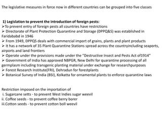 The legislative measures in force now in different countries can be grouped into five classes
1) Legislation to prevent the introduction of foreign pests:
To prevent entry of foreign pests all countries have restrictions
 Directorate of Plant Protection Quarantine and Storage (DPPQ&S) was established in
Faridababd in 1946
 From 1949, DPPQS deals with commercial import of grains, plants and plant products
 It has a network of 35 Plant Quarantine Stations spread across the countryincluding seaports,
airports and land frontiers
 Operate under the provisions made under the “Destructive Insect and Pests Act of1914”
 Government of India has approved NBPGR, New Delhi for quarantine processing of all
germplasm including transgenic planting material under exchange for researchpurposes
 Forest Research Institute(FRI), Dehradun for forestplants
 Botanical Survey of India (BSI), Kolkatta for ornamental plants to enforce quarantine laws
Restriction imposed on the importation of
i. Sugarcane setts - to prevent West Indies sugar weevil
ii. Coffee seeds - to prevent coffee berry borer
iii.Cotton seeds - to prevent cotton boll weevil
 