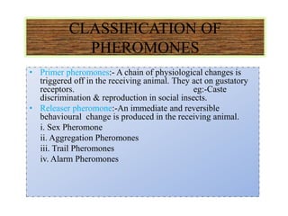 CLASSIFICATION OF
PHEROMONES
• Primer pheromones:- A chain of physiological changes is
triggered off in the receiving animal. They act on gustatory
receptors. eg:-Caste
discrimination & reproduction in social insects.
• Releaser pheromone:-An immediate and reversible
behavioural change is produced in the receiving animal.
i. Sex Pheromone
ii. Aggregation Pheromones
iii. Trail Pheromones
iv. Alarm Pheromones
 