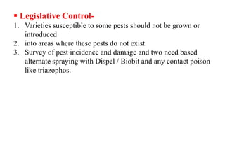  Legislative Control-
1. Varieties susceptible to some pests should not be grown or
introduced
2. into areas where these pests do not exist.
3. Survey of pest incidence and damage and two need based
alternate spraying with Dispel / Biobit and any contact poison
like triazophos.
 
