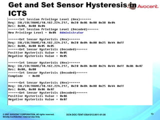 © 2007 AVOCENT CORPORATION. All rights reserved.
Strictly Confidential / Internal Use Only
13DCN:DOC-TENT-OSA1012.0011-01.00
Get and Set Sensor Hysteresis in
ICTS
 