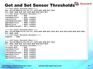 © 2007 AVOCENT CORPORATION. All rights reserved.
Strictly Confidential / Internal Use Only
16DCN:DOC-TENT-OSA1012.0011-01.00
Get and Set Sensor Thresholds
 