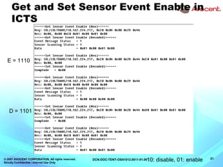 © 2007 AVOCENT CORPORATION. All rights reserved.
Strictly Confidential / Internal Use Only
21DCN:DOC-TENT-OSA1012.0011-01.00
Get and Set Sensor Event Enable in
ICTS
10: disable, 01: enable
E = 1110
D = 1101
 