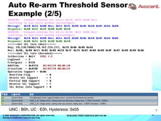 © 2007 AVOCENT CORPORATION. All rights reserved.
Strictly Confidential / Internal Use Only
27DCN:DOC-TENT-OSA1012.0011-01.00
Auto Re-arm Threshold Sensor
Example (2/5)
UNC : B0h, UC : E0h, Hysteresis: 0x05
 