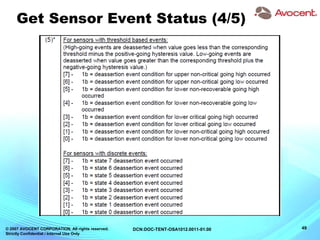 © 2007 AVOCENT CORPORATION. All rights reserved.
Strictly Confidential / Internal Use Only
49DCN:DOC-TENT-OSA1012.0011-01.00
Get Sensor Event Status (4/5)
 