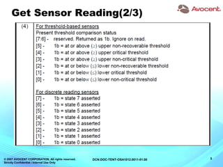 © 2007 AVOCENT CORPORATION. All rights reserved.
Strictly Confidential / Internal Use Only
5DCN:DOC-TENT-OSA1012.0011-01.00
Get Sensor Reading(2/3)
 