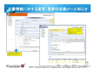 文書情報に対する変更・更新の自動メール知らせ
  ＩＰファームでログイン




                                                        お知らせメールに対する返
                                                        信アクションメール。自分の
                                                        権限のあるフォルダから文
                                                        書情報添付可能。




文章情報追加の自動配信
機能によりお知らせメール




                2012 © Knowledge IT Corporation. All Rights Reserved
 