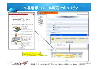 文書情報のメール転送セキュリティ
                     クライアント１でログイン




文書情報がクライアント２のフォルダ
権限のものであり、クライアント１が開
    くことが出来ません




        2012 © Knowledge IT Corporation. All Rights Reserved
 