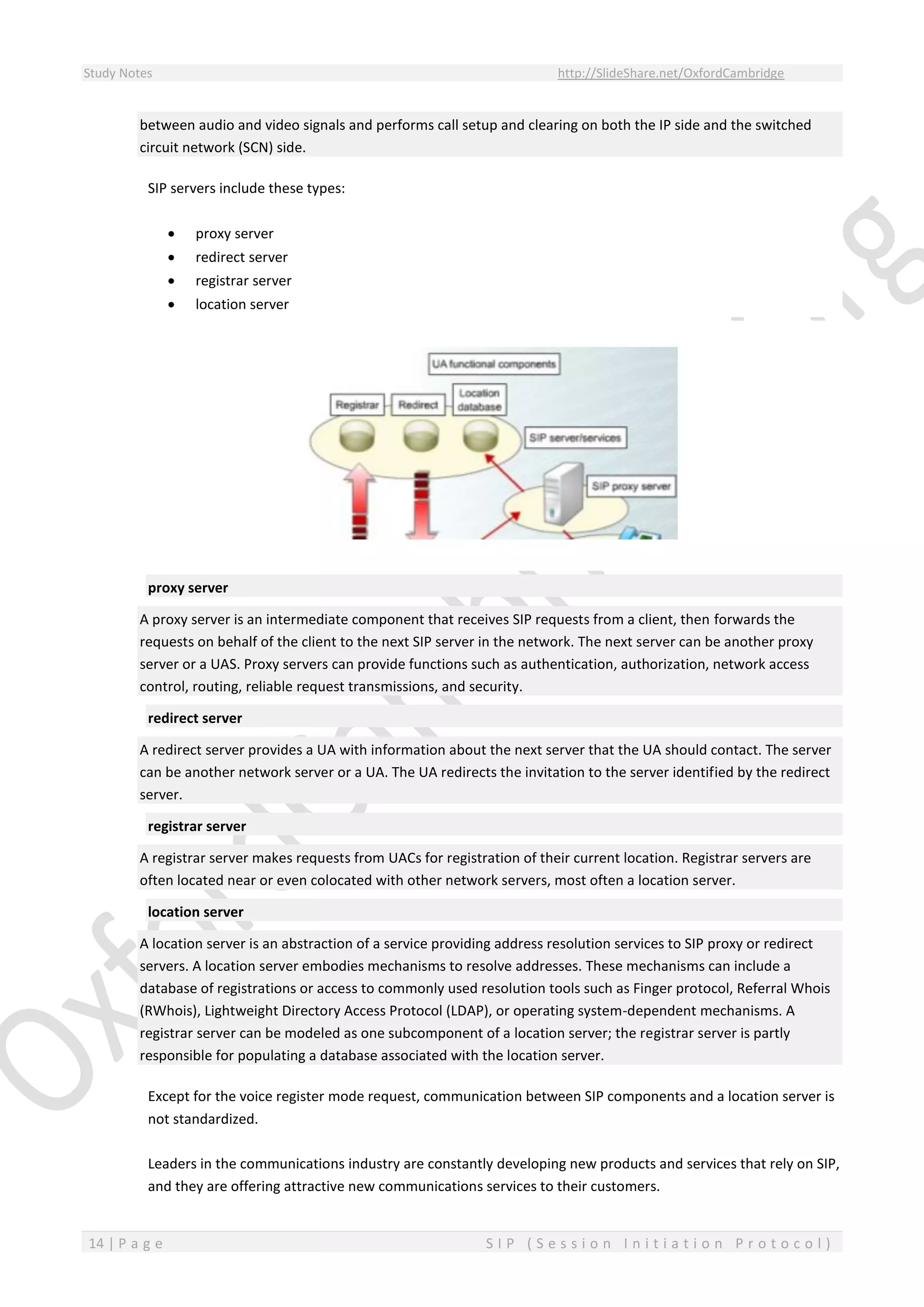 Study Notes http://SlideShare.net/OxfordCambridge
14 | P a g e S I P ( S e s s i o n I n i t i a t i o n P r o t o c o l )
between audio and video signals and performs call setup and clearing on both the IP side and the switched
circuit network (SCN) side.
SIP servers include these types:
 proxy server
 redirect server
 registrar server
 location server
proxy server
A proxy server is an intermediate component that receives SIP requests from a client, then forwards the
requests on behalf of the client to the next SIP server in the network. The next server can be another proxy
server or a UAS. Proxy servers can provide functions such as authentication, authorization, network access
control, routing, reliable request transmissions, and security.
redirect server
A redirect server provides a UA with information about the next server that the UA should contact. The server
can be another network server or a UA. The UA redirects the invitation to the server identified by the redirect
server.
registrar server
A registrar server makes requests from UACs for registration of their current location. Registrar servers are
often located near or even colocated with other network servers, most often a location server.
location server
A location server is an abstraction of a service providing address resolution services to SIP proxy or redirect
servers. A location server embodies mechanisms to resolve addresses. These mechanisms can include a
database of registrations or access to commonly used resolution tools such as Finger protocol, Referral Whois
(RWhois), Lightweight Directory Access Protocol (LDAP), or operating system-dependent mechanisms. A
registrar server can be modeled as one subcomponent of a location server; the registrar server is partly
responsible for populating a database associated with the location server.
Except for the voice register mode request, communication between SIP components and a location server is
not standardized.
Leaders in the communications industry are constantly developing new products and services that rely on SIP,
and they are offering attractive new communications services to their customers.
 