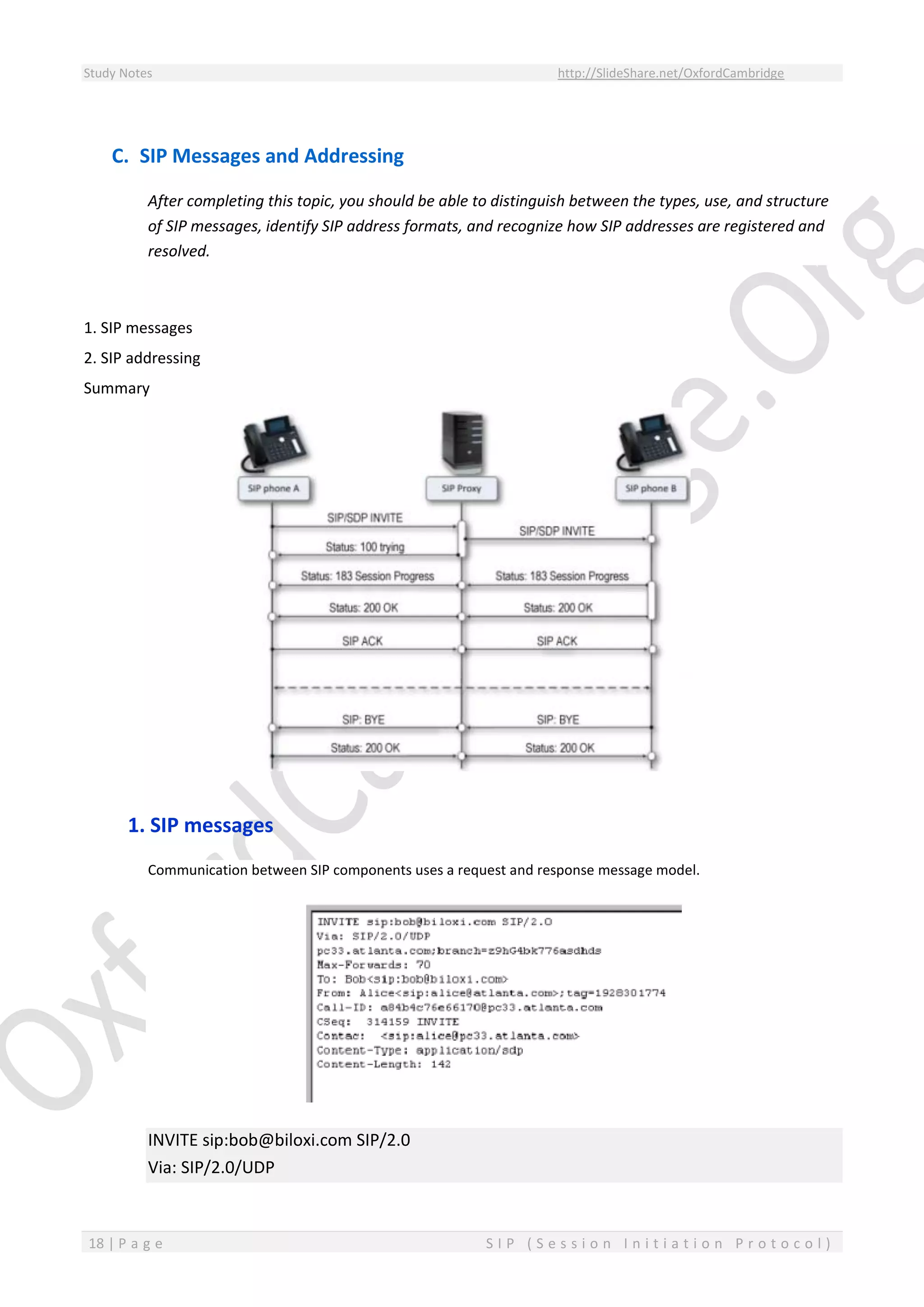 Study Notes http://SlideShare.net/OxfordCambridge
18 | P a g e S I P ( S e s s i o n I n i t i a t i o n P r o t o c o l )
C. SIP Messages and Addressing
After completing this topic, you should be able to distinguish between the types, use, and structure
of SIP messages, identify SIP address formats, and recognize how SIP addresses are registered and
resolved.
1. SIP messages
2. SIP addressing
Summary
1. SIP messages
Communication between SIP components uses a request and response message model.
INVITE sip:bob@biloxi.com SIP/2.0
Via: SIP/2.0/UDP
 