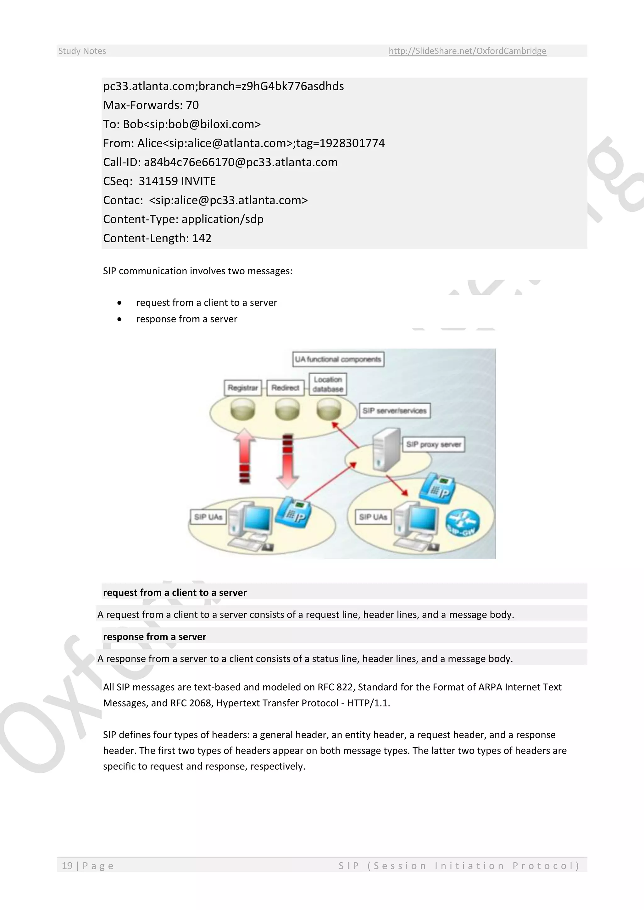 Study Notes http://SlideShare.net/OxfordCambridge
19 | P a g e S I P ( S e s s i o n I n i t i a t i o n P r o t o c o l )
pc33.atlanta.com;branch=z9hG4bk776asdhds
Max-Forwards: 70
To: Bob<sip:bob@biloxi.com>
From: Alice<sip:alice@atlanta.com>;tag=1928301774
Call-ID: a84b4c76e66170@pc33.atlanta.com
CSeq: 314159 INVITE
Contac: <sip:alice@pc33.atlanta.com>
Content-Type: application/sdp
Content-Length: 142
SIP communication involves two messages:
 request from a client to a server
 response from a server
request from a client to a server
A request from a client to a server consists of a request line, header lines, and a message body.
response from a server
A response from a server to a client consists of a status line, header lines, and a message body.
All SIP messages are text-based and modeled on RFC 822, Standard for the Format of ARPA Internet Text
Messages, and RFC 2068, Hypertext Transfer Protocol - HTTP/1.1.
SIP defines four types of headers: a general header, an entity header, a request header, and a response
header. The first two types of headers appear on both message types. The latter two types of headers are
specific to request and response, respectively.
 