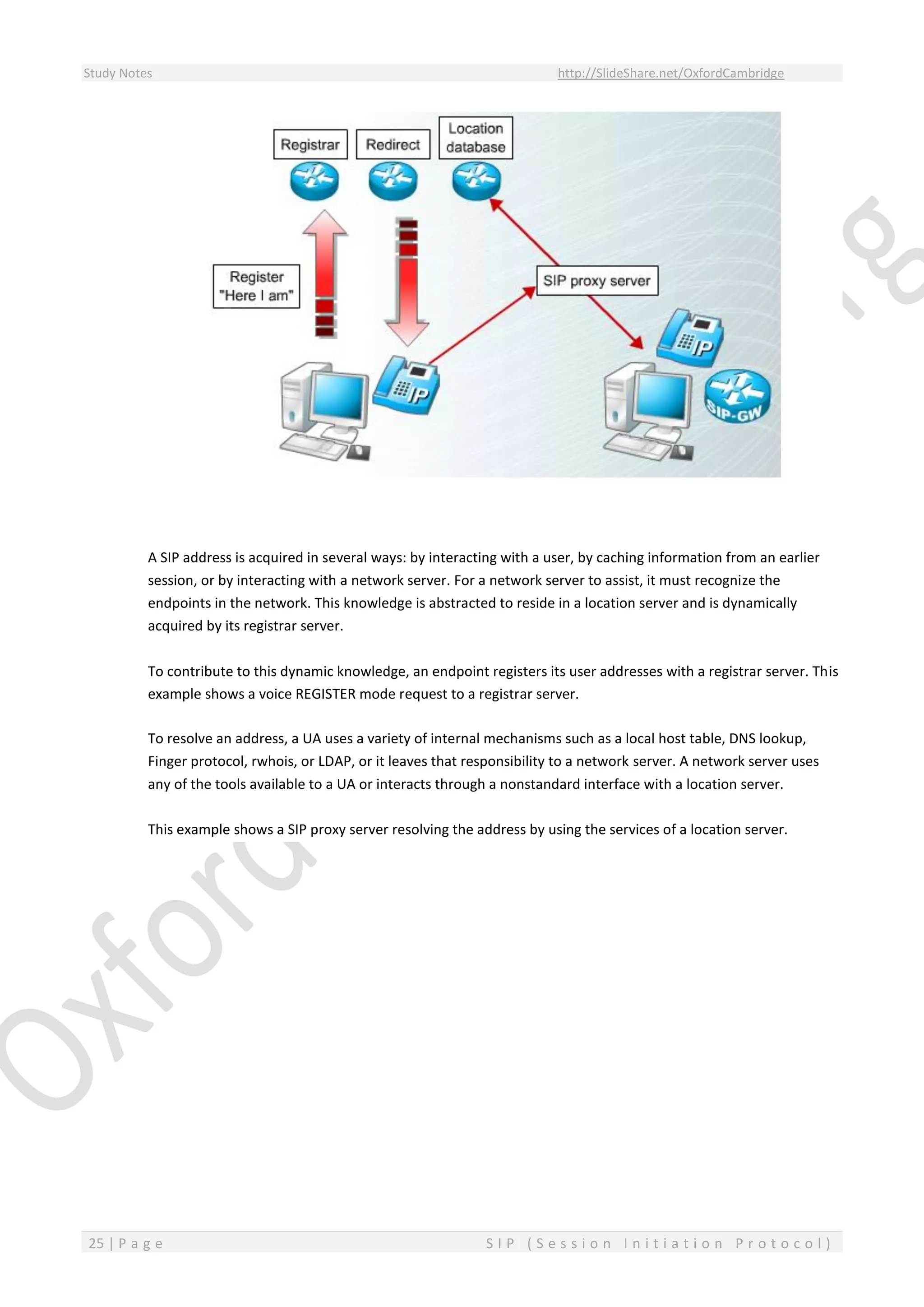 Study Notes http://SlideShare.net/OxfordCambridge
25 | P a g e S I P ( S e s s i o n I n i t i a t i o n P r o t o c o l )
A SIP address is acquired in several ways: by interacting with a user, by caching information from an earlier
session, or by interacting with a network server. For a network server to assist, it must recognize the
endpoints in the network. This knowledge is abstracted to reside in a location server and is dynamically
acquired by its registrar server.
To contribute to this dynamic knowledge, an endpoint registers its user addresses with a registrar server. This
example shows a voice REGISTER mode request to a registrar server.
To resolve an address, a UA uses a variety of internal mechanisms such as a local host table, DNS lookup,
Finger protocol, rwhois, or LDAP, or it leaves that responsibility to a network server. A network server uses
any of the tools available to a UA or interacts through a nonstandard interface with a location server.
This example shows a SIP proxy server resolving the address by using the services of a location server.
 