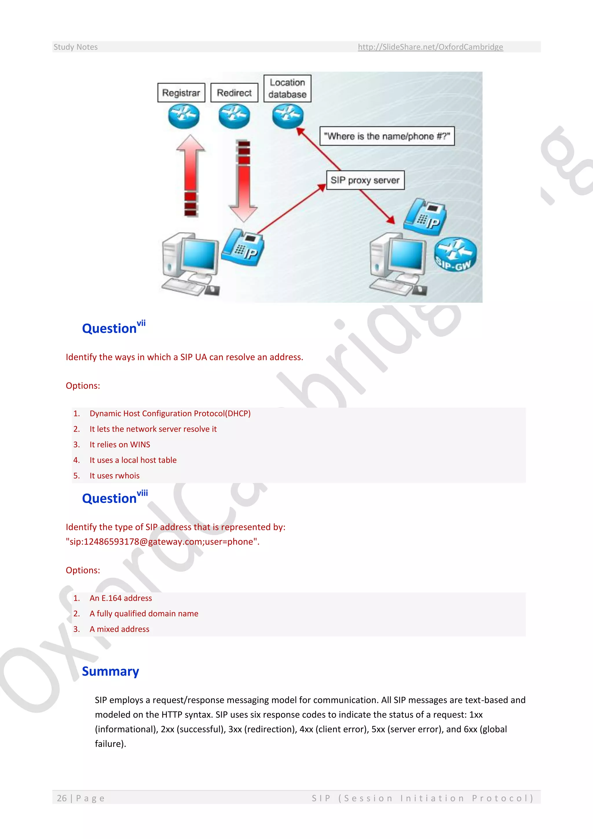 Study Notes http://SlideShare.net/OxfordCambridge
26 | P a g e S I P ( S e s s i o n I n i t i a t i o n P r o t o c o l )
Questionvii
Identify the ways in which a SIP UA can resolve an address.
Options:
1. Dynamic Host Configuration Protocol(DHCP)
2. It lets the network server resolve it
3. It relies on WINS
4. It uses a local host table
5. It uses rwhois
Questionviii
Identify the type of SIP address that is represented by:
"sip:12486593178@gateway.com;user=phone".
Options:
1. An E.164 address
2. A fully qualified domain name
3. A mixed address
Summary
SIP employs a request/response messaging model for communication. All SIP messages are text-based and
modeled on the HTTP syntax. SIP uses six response codes to indicate the status of a request: 1xx
(informational), 2xx (successful), 3xx (redirection), 4xx (client error), 5xx (server error), and 6xx (global
failure).
 