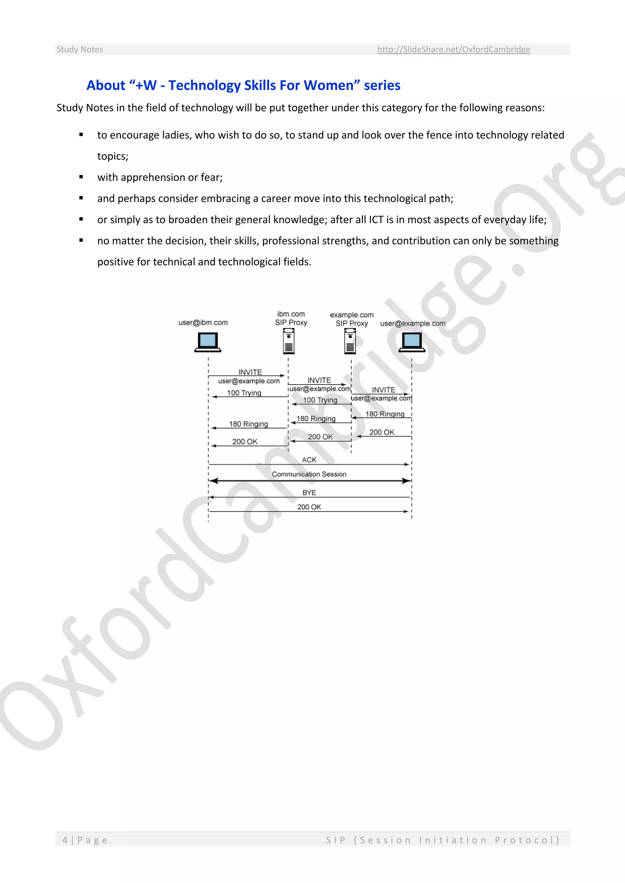 Study Notes http://SlideShare.net/OxfordCambridge
4 | P a g e S I P ( S e s s i o n I n i t i a t i o n P r o t o c o l )
About “+W - Technology Skills For Women” series
Study Notes in the field of technology will be put together under this category for the following reasons:
 to encourage ladies, who wish to do so, to stand up and look over the fence into technology related
topics;
 with apprehension or fear;
 and perhaps consider embracing a career move into this technological path;
 or simply as to broaden their general knowledge; after all ICT is in most aspects of everyday life;
 no matter the decision, their skills, professional strengths, and contribution can only be something
positive for technical and technological fields.
 
