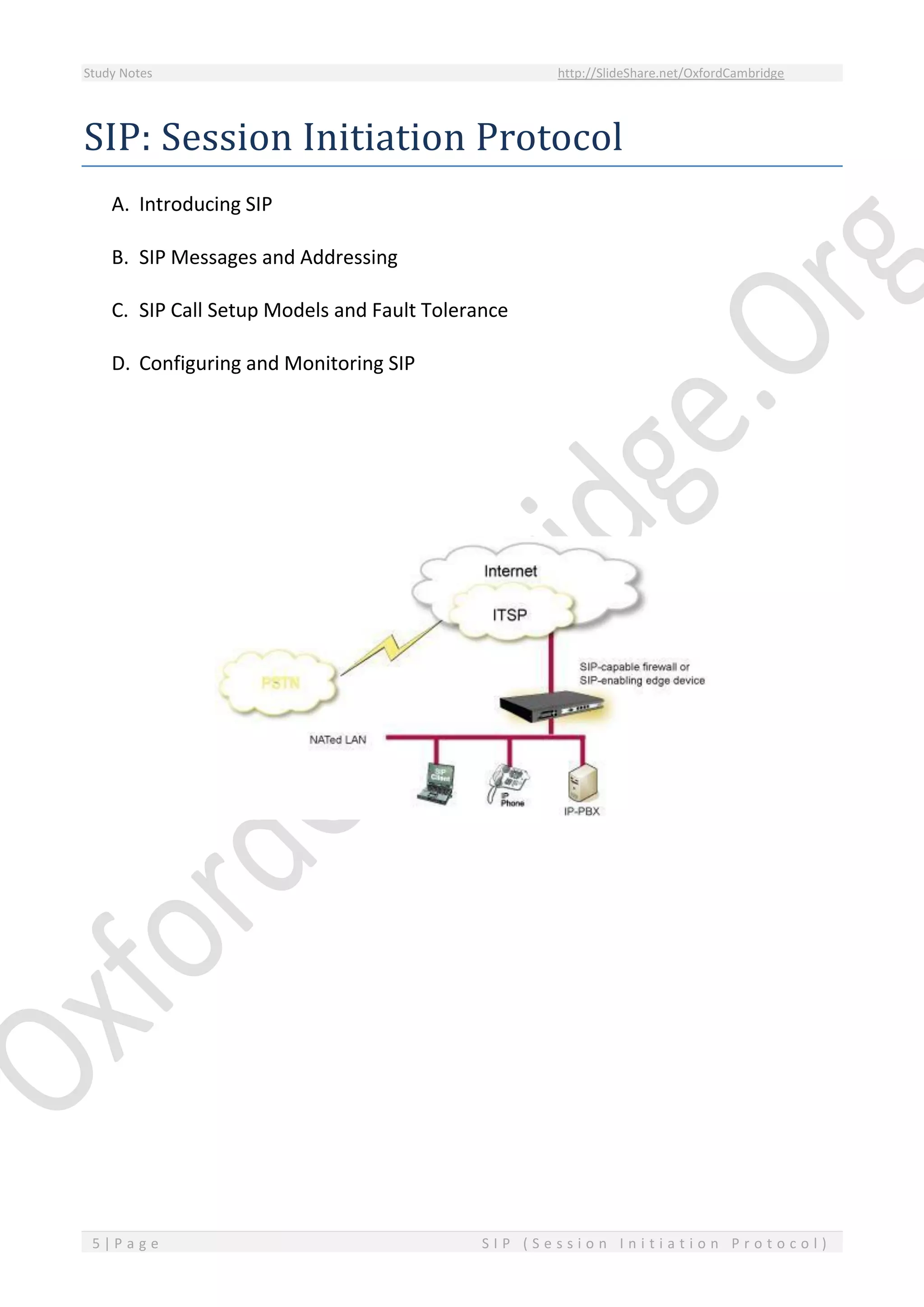 Study Notes http://SlideShare.net/OxfordCambridge
5 | P a g e S I P ( S e s s i o n I n i t i a t i o n P r o t o c o l )
SIP: Session Initiation Protocol
A. Introducing SIP
B. SIP Messages and Addressing
C. SIP Call Setup Models and Fault Tolerance
D. Configuring and Monitoring SIP
 