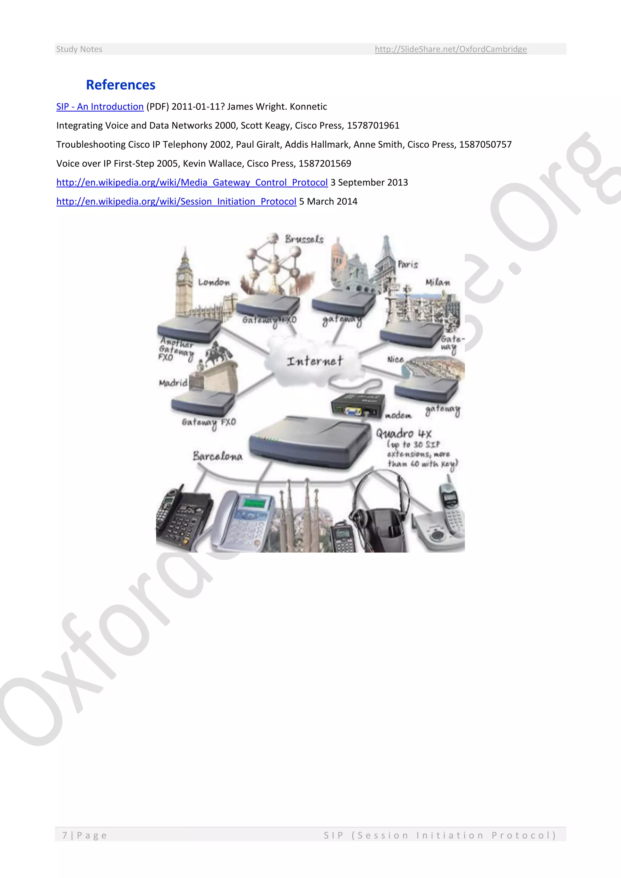 Study Notes http://SlideShare.net/OxfordCambridge
7 | P a g e S I P ( S e s s i o n I n i t i a t i o n P r o t o c o l )
References
SIP - An Introduction (PDF) 2011-01-11? James Wright. Konnetic
Integrating Voice and Data Networks 2000, Scott Keagy, Cisco Press, 1578701961
Troubleshooting Cisco IP Telephony 2002, Paul Giralt, Addis Hallmark, Anne Smith, Cisco Press, 1587050757
Voice over IP First-Step 2005, Kevin Wallace, Cisco Press, 1587201569
http://en.wikipedia.org/wiki/Media_Gateway_Control_Protocol 3 September 2013
http://en.wikipedia.org/wiki/Session_Initiation_Protocol 5 March 2014
 